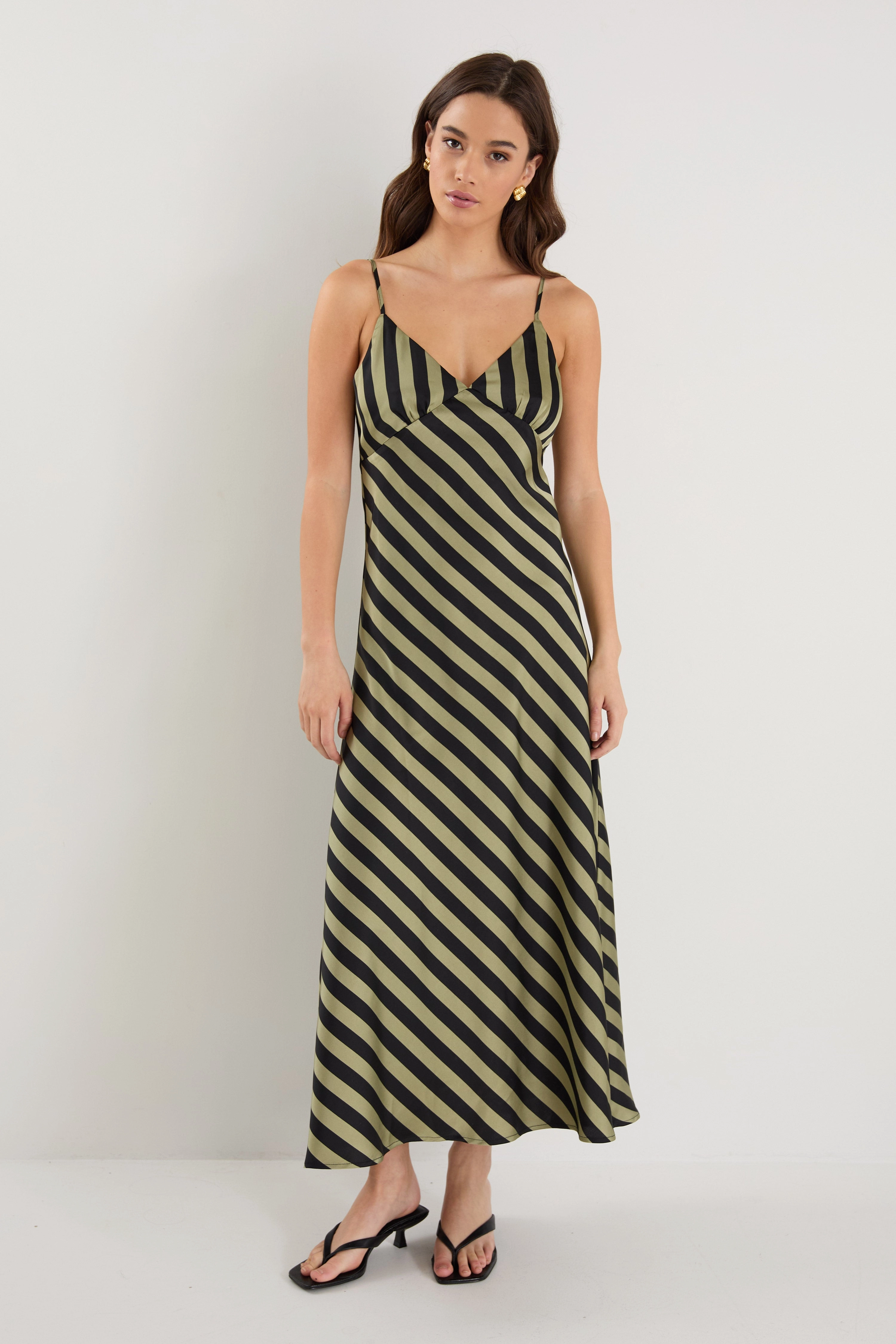 Tear-resistant SeamlessConstruction Otherworldly Khaki Black Stripe Satin Bias Slip Midi Dress