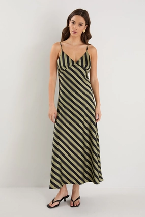 Tear-resistant SeamlessConstruction Otherworldly Khaki Black Stripe Satin Bias Slip Midi Dress