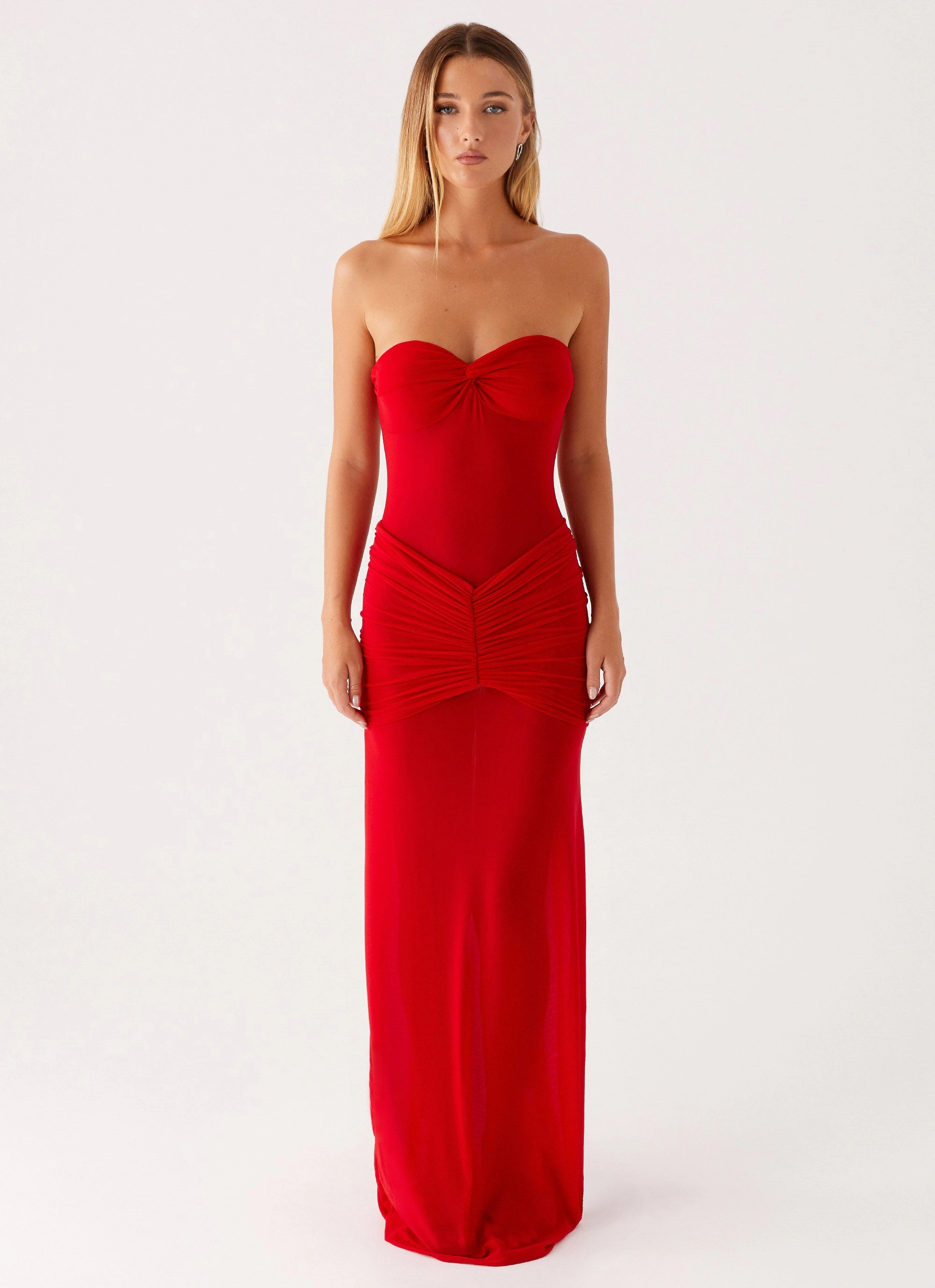 Seamless-Look Draped-Style Ottilie Mesh Maxi Dress - Red