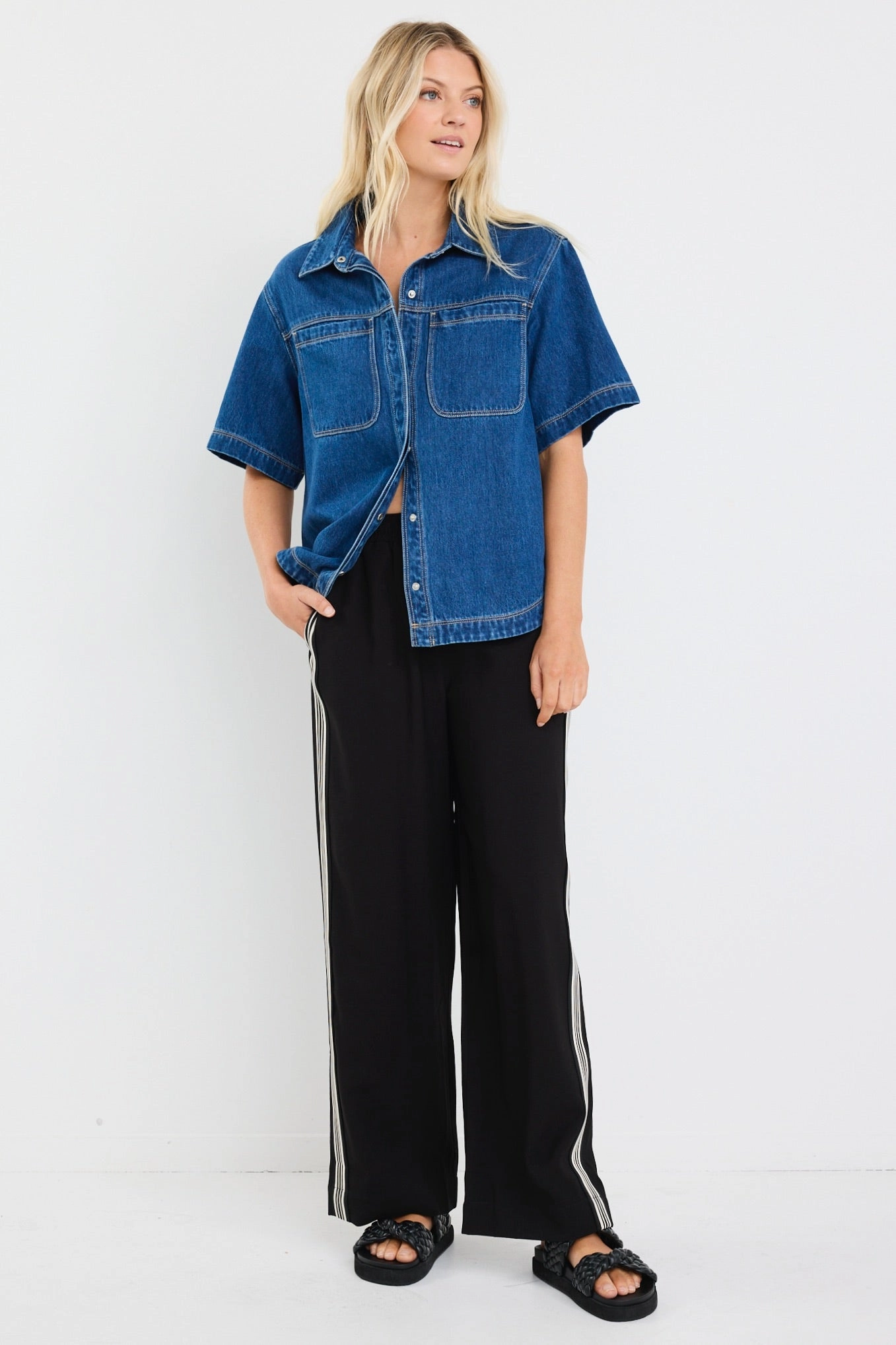 Crucial Storm Blue Denim Short Sleeve Shacket Summer Style Trendy Cardigan