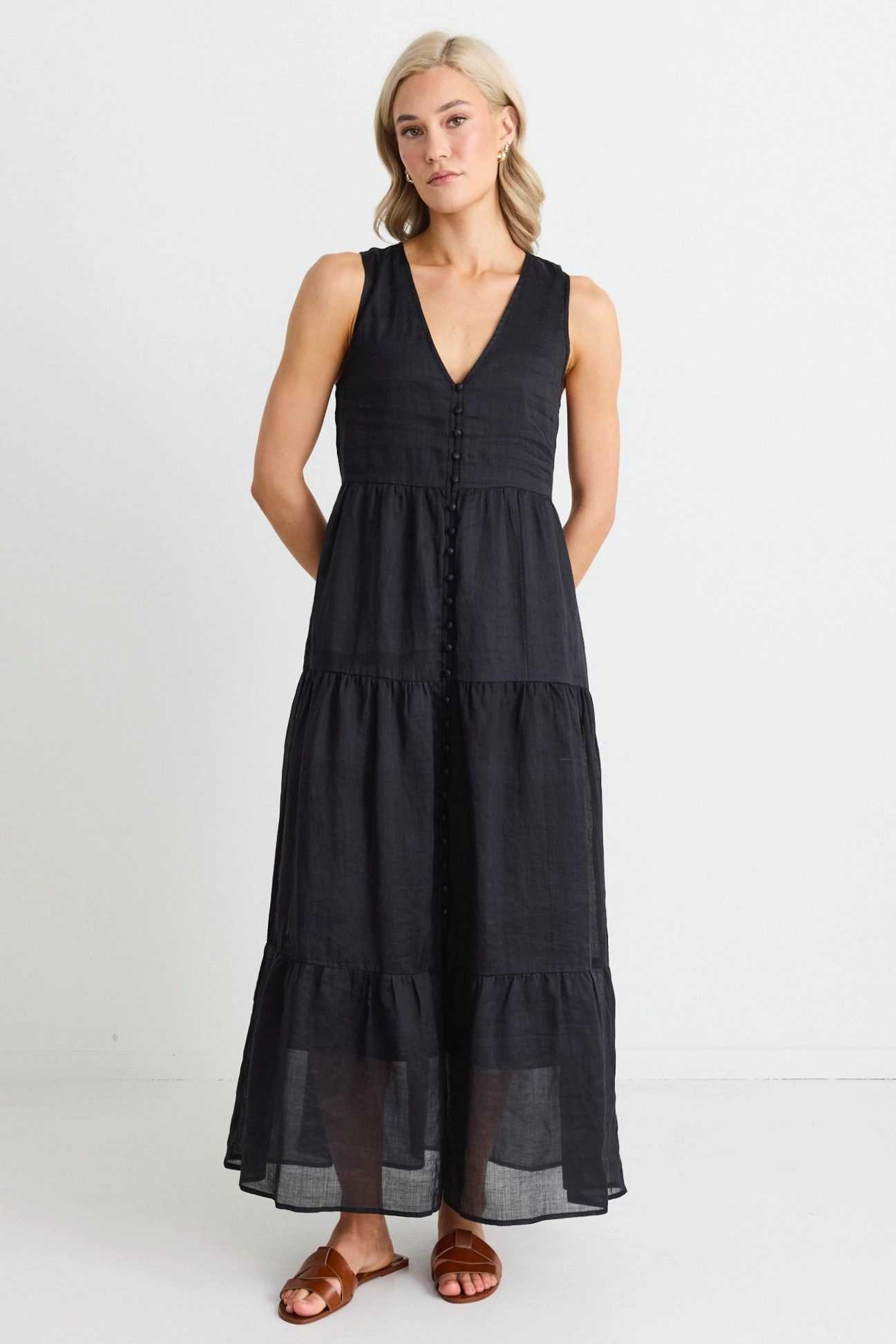 Pacific Black Cotton Voile Sleeveless Button Front Tiered Maxi Dress Tie-dye