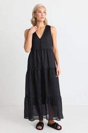 Cozy Fit Elegant Look Pacific Black Cotton Voile Sleeveless Button Front Tiered Maxi Dress