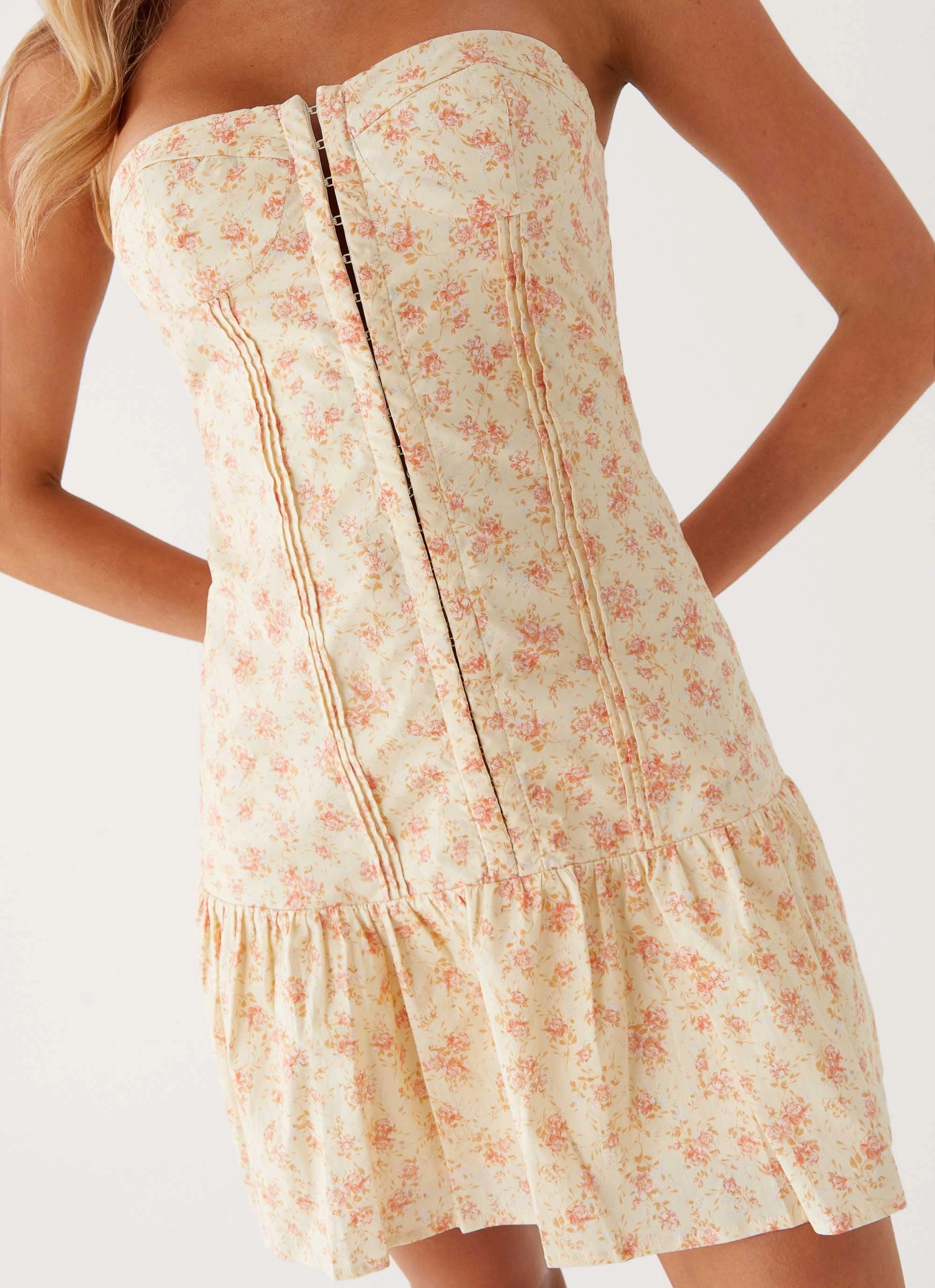 Modern and Feminine Bloomsbury Bustier Mini Dress - Yellow Ditsy Floral