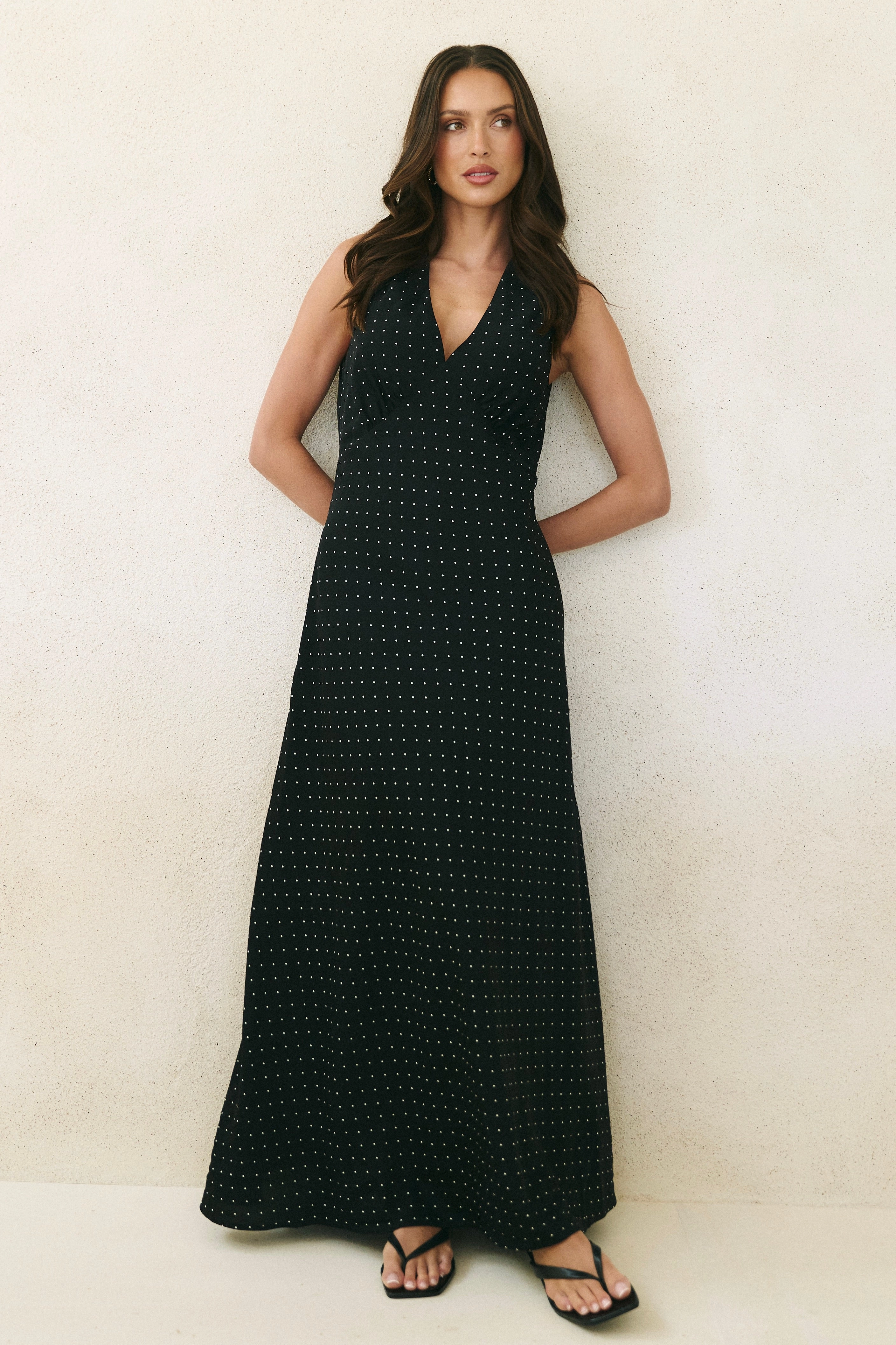 Aston Black Ditsy Polka Dot Satin Bias Flared Maxi Dress Work Ready