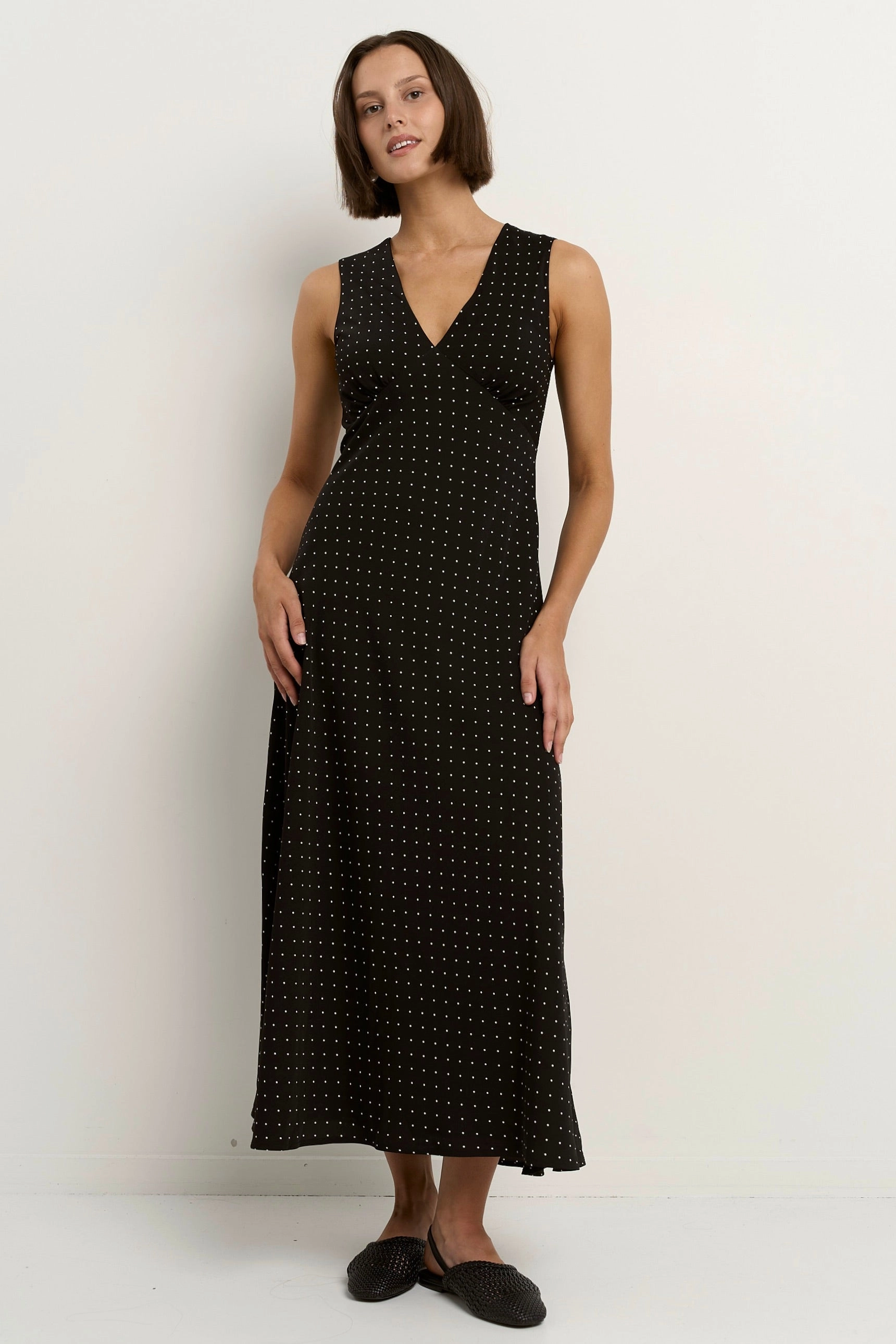 Aston Black Ditsy Polka Dot Satin Bias Flared Maxi Dress Light Fabrication