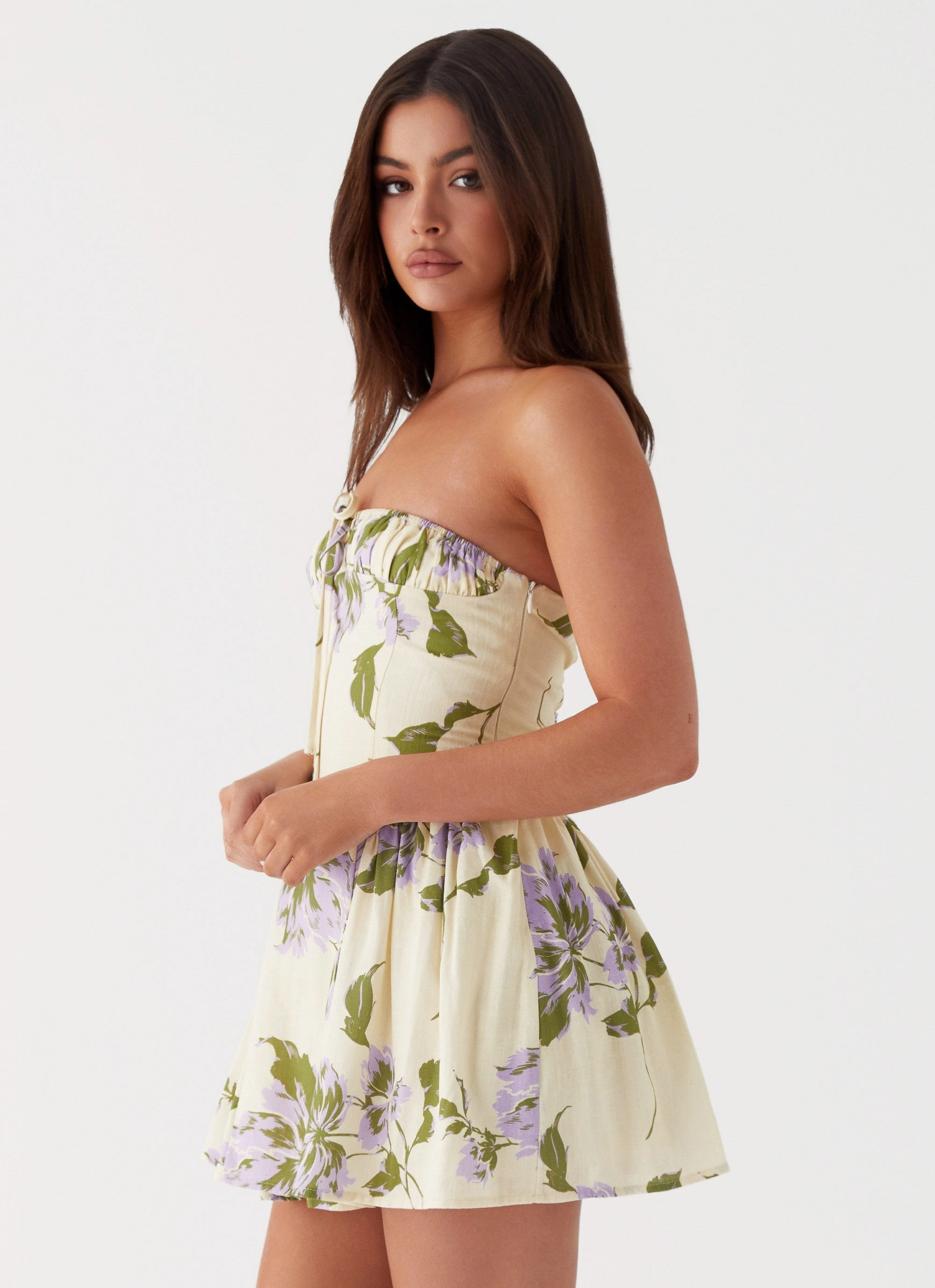 Pardon My French Linen Mini Dress - Yellow Purple Floral Smooth Drape