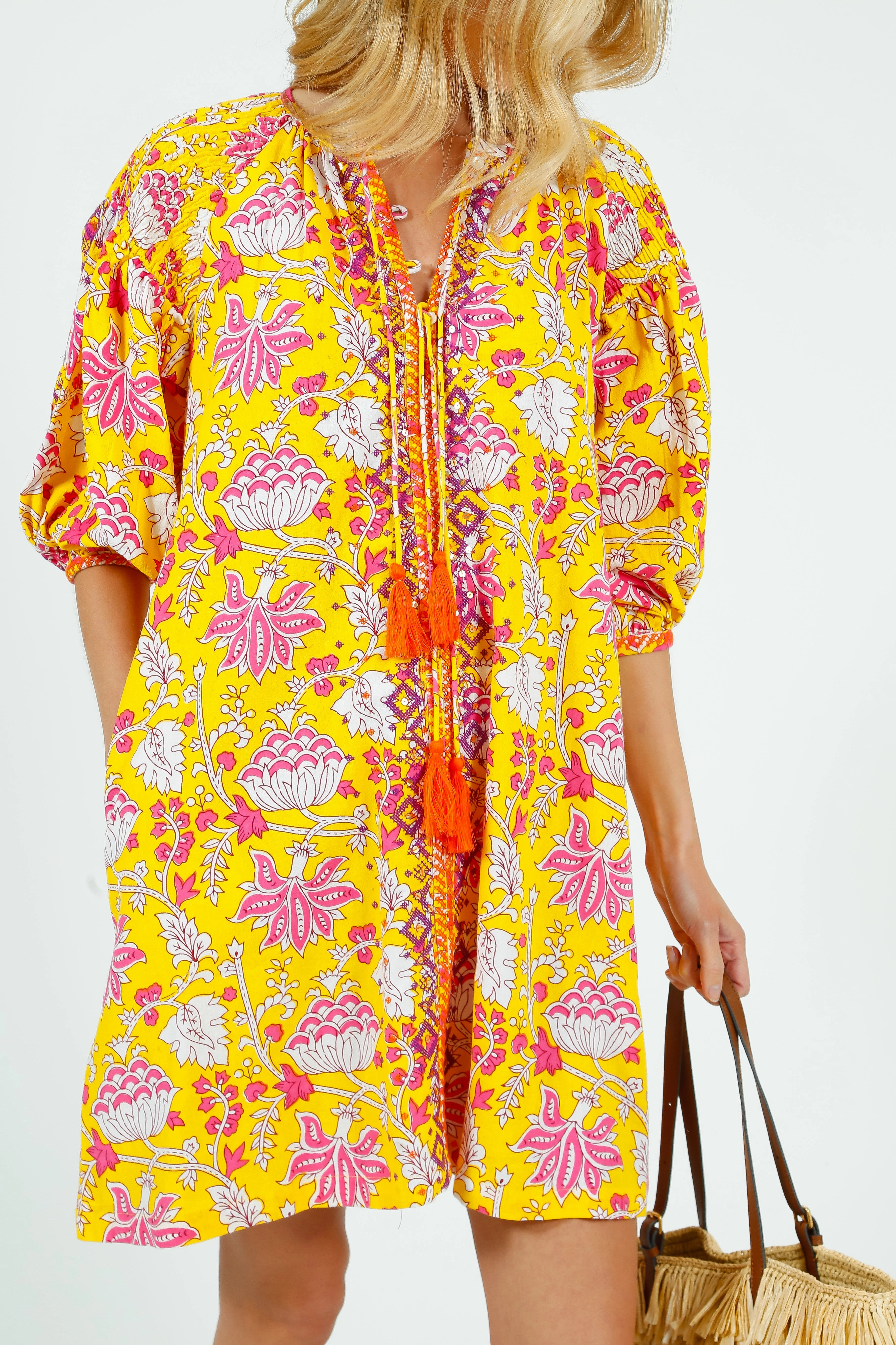 PDS 334 Embroidered Dress in Yellow Draped-Style