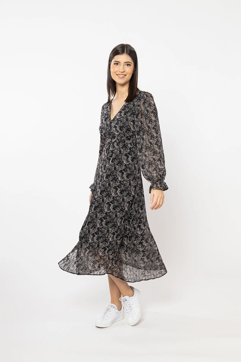 Functional Style Sincere Black Stripe Floral Button Front LS Midi Dress