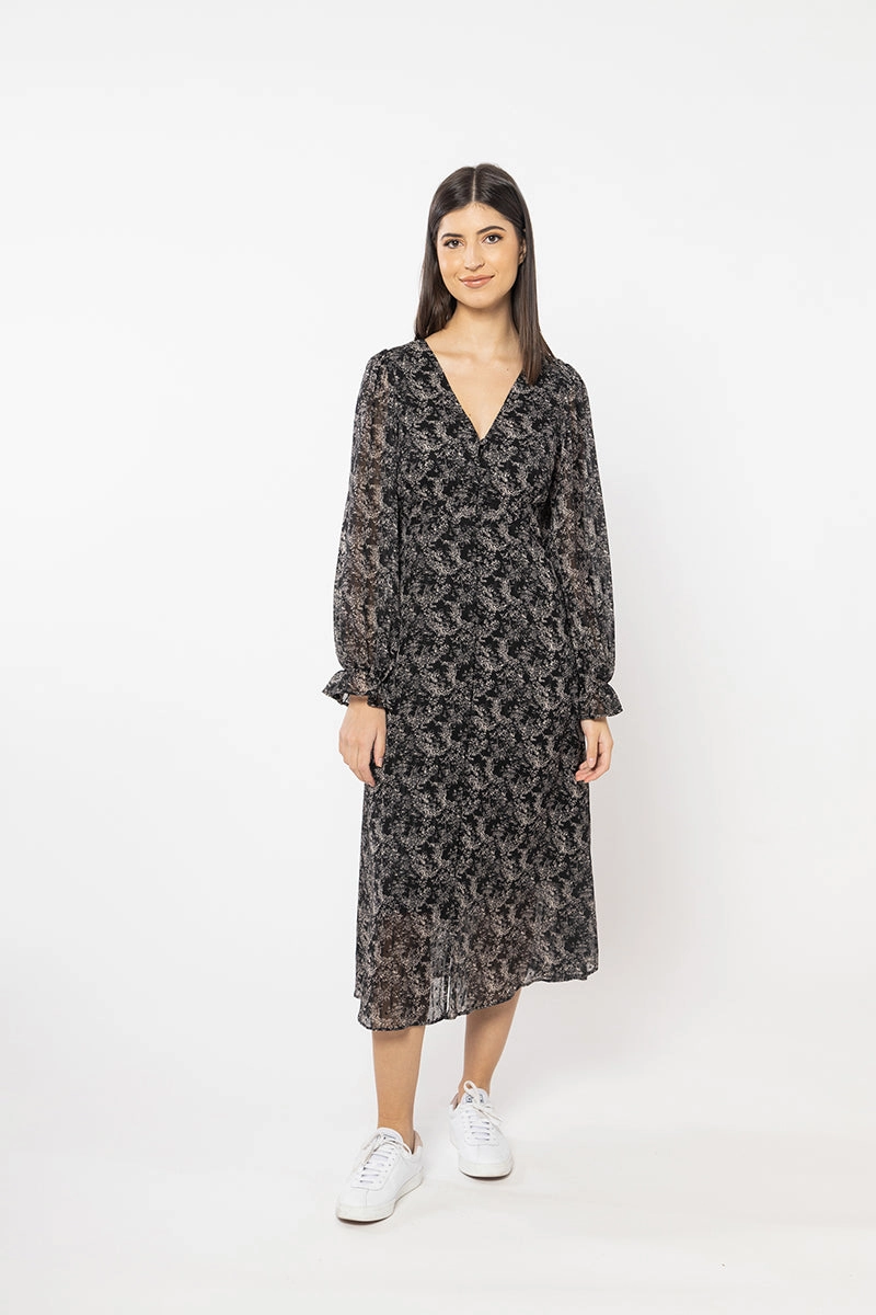 Sincere Black Stripe Floral Button Front LS Midi Dress Field Fresh