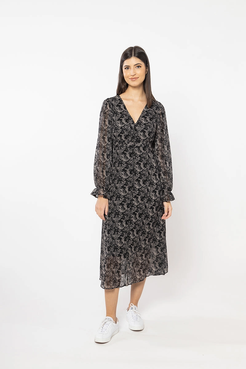 Sincere Black Stripe Floral Button Front LS Midi Dress Tailored Comfort