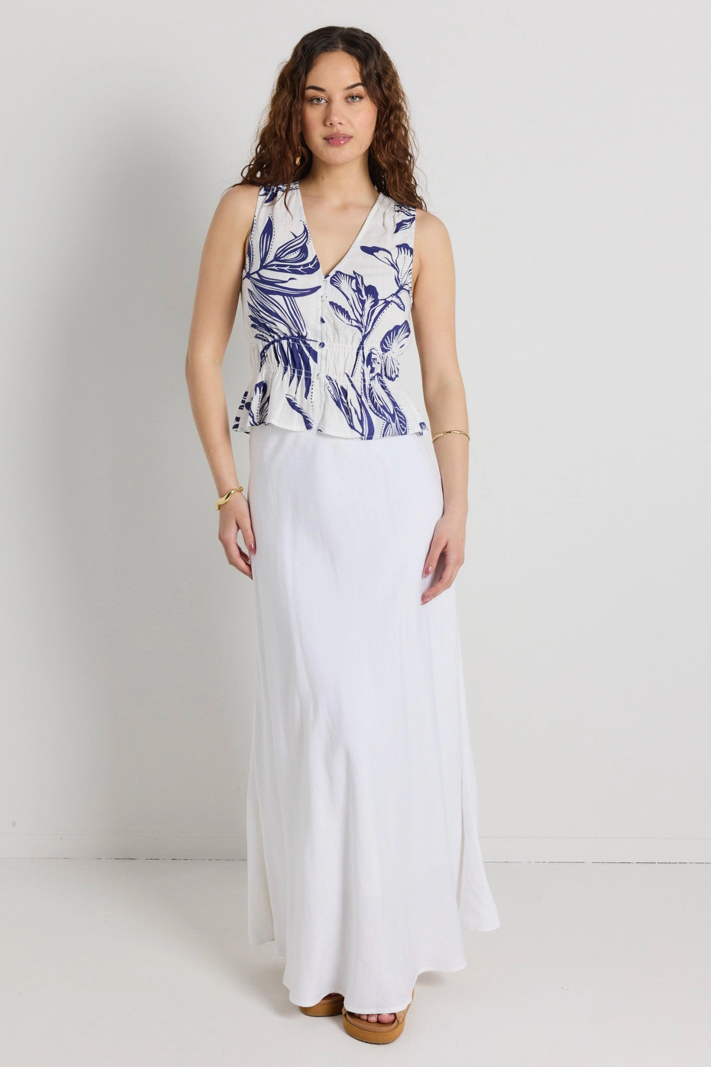 Pegasus Navy Silhouette Button Front Sleeveless Top Wide Shoulder Cut