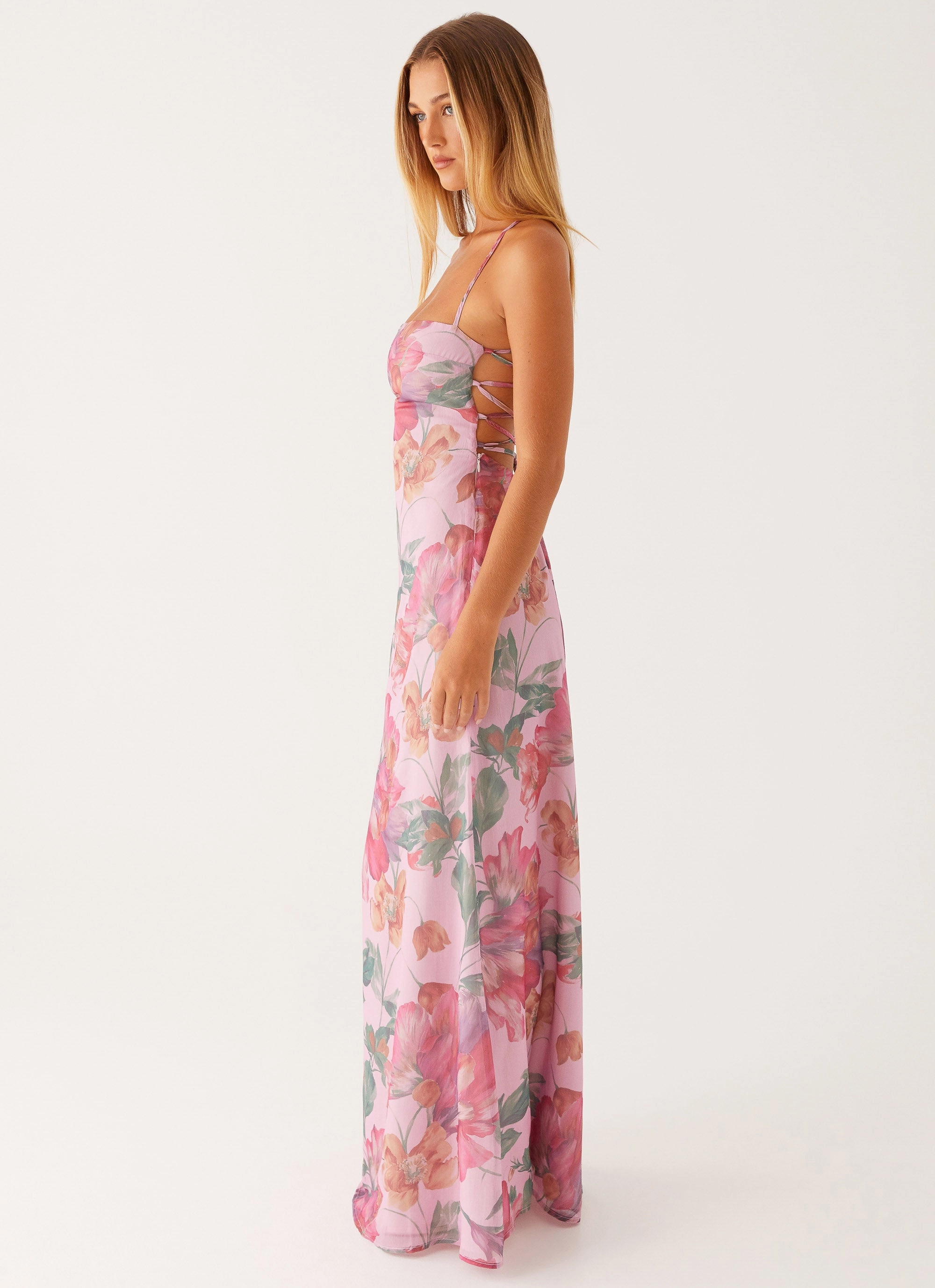Velvet-Sleeve Work Ease Peggy Maxi Dress - Pink Floral