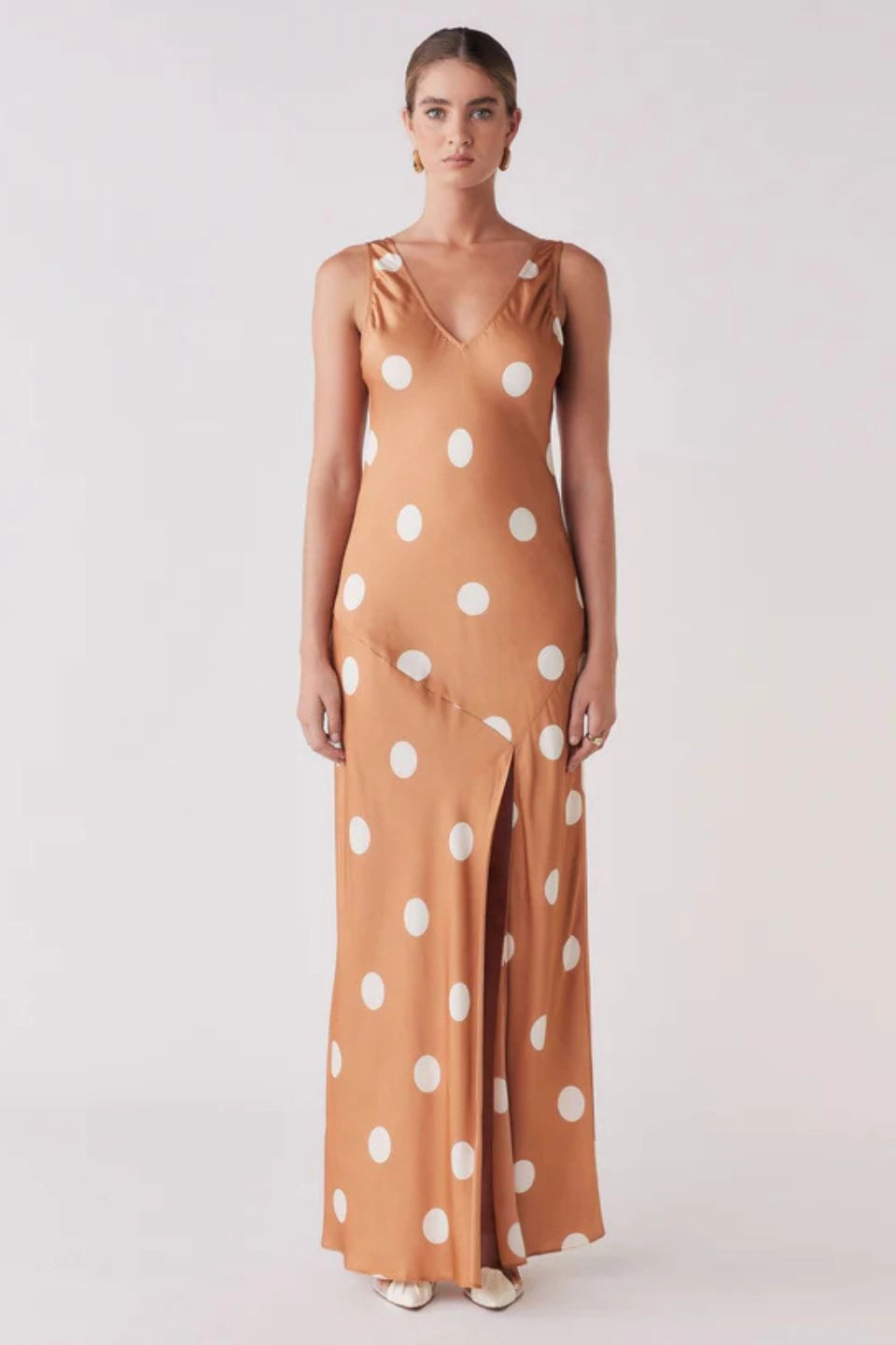 Penny Toffee Spot Sleeveless Satin Midi Slip Dress Night Party Fashion-forward day dress