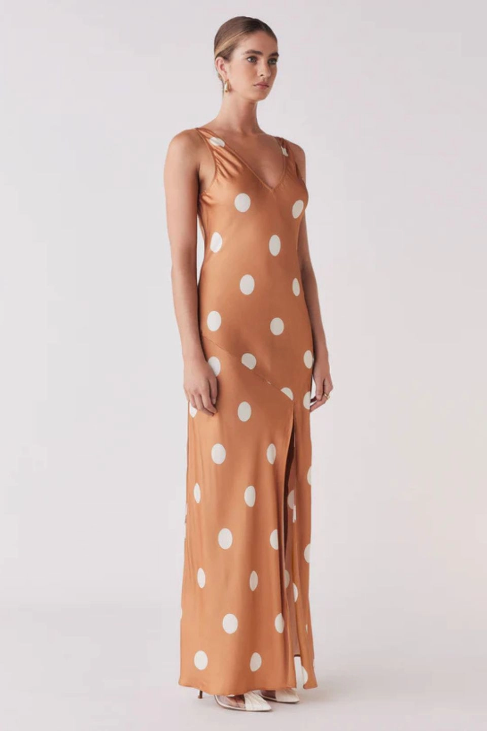Penny Toffee Spot Sleeveless Satin Midi Slip Dress Office Glam