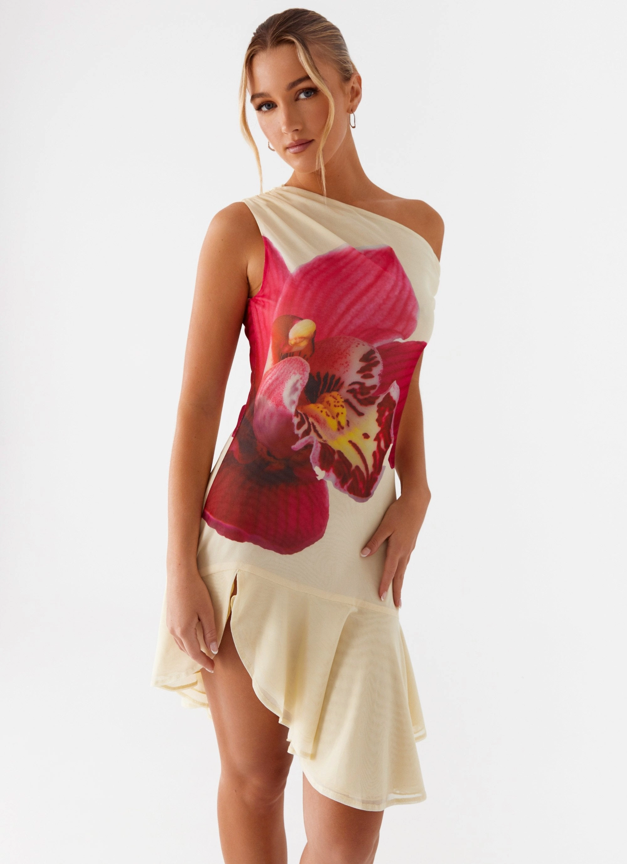 Clementina One Shoulder Mini Dress - Yellow Timeless Waist Odor-Control