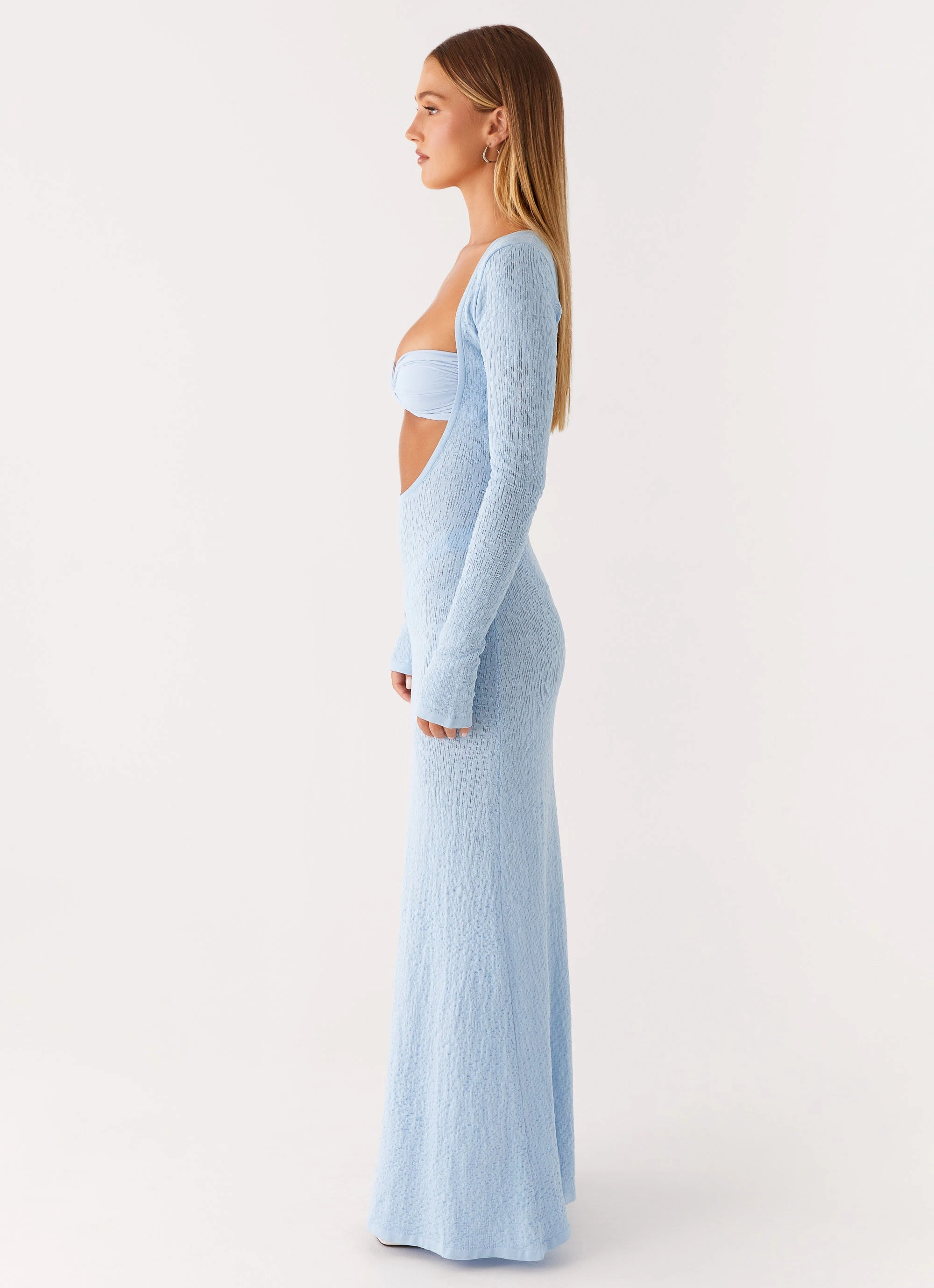 Carnation Long Sleeve Knit Maxi Dress - Blue Chilly Wear Gentle Drape