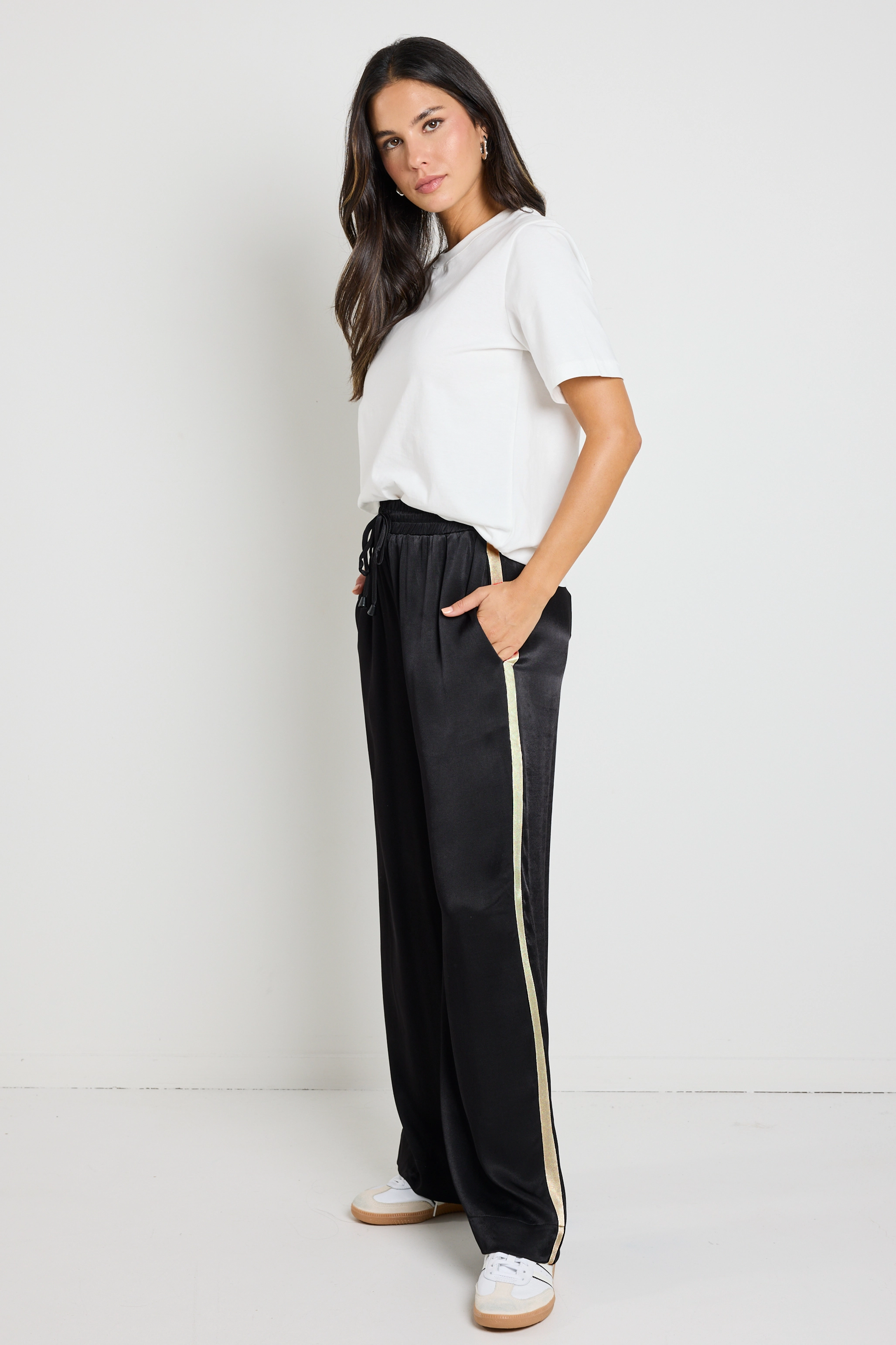 Townie Black Satin Side Stripe Elastic Waist Pants Compact Packability
