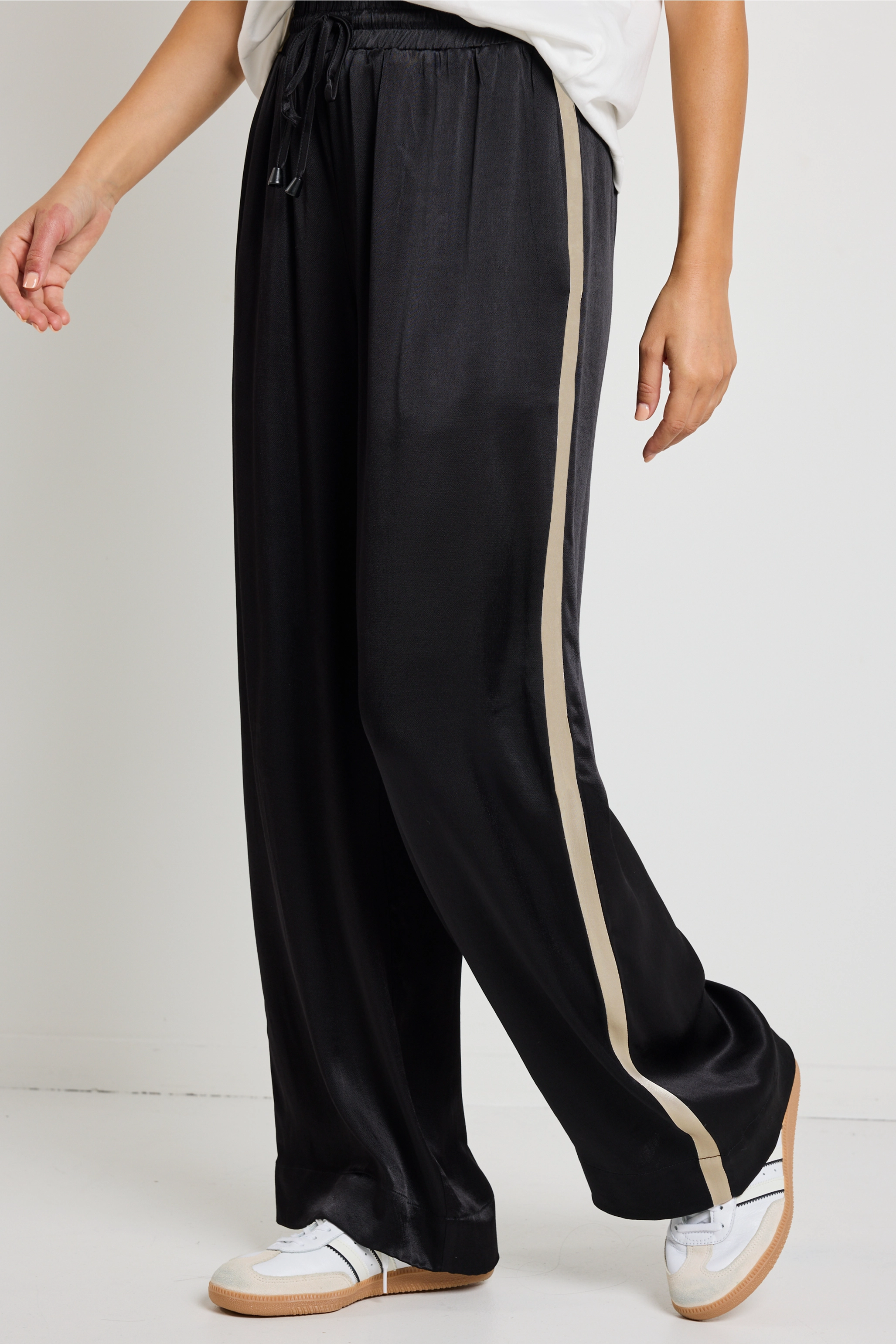 Townie Black Satin Side Stripe Elastic Waist Pants Easy Match Slim Look