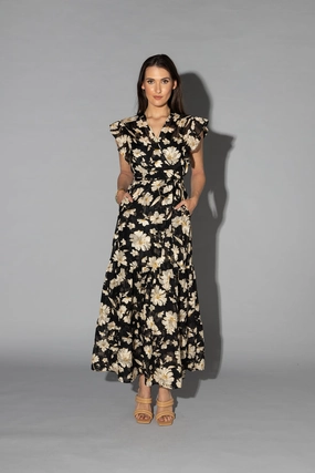 Lou Black Cream Dahlia SS Wrap Midi Dress Luxe Mood Unique Print