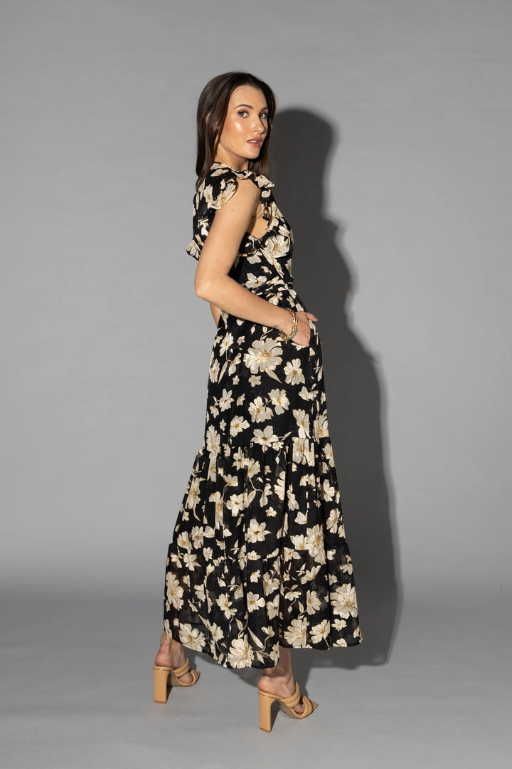 Lou Black Cream Dahlia SS Wrap Midi Dress Sunset Scene