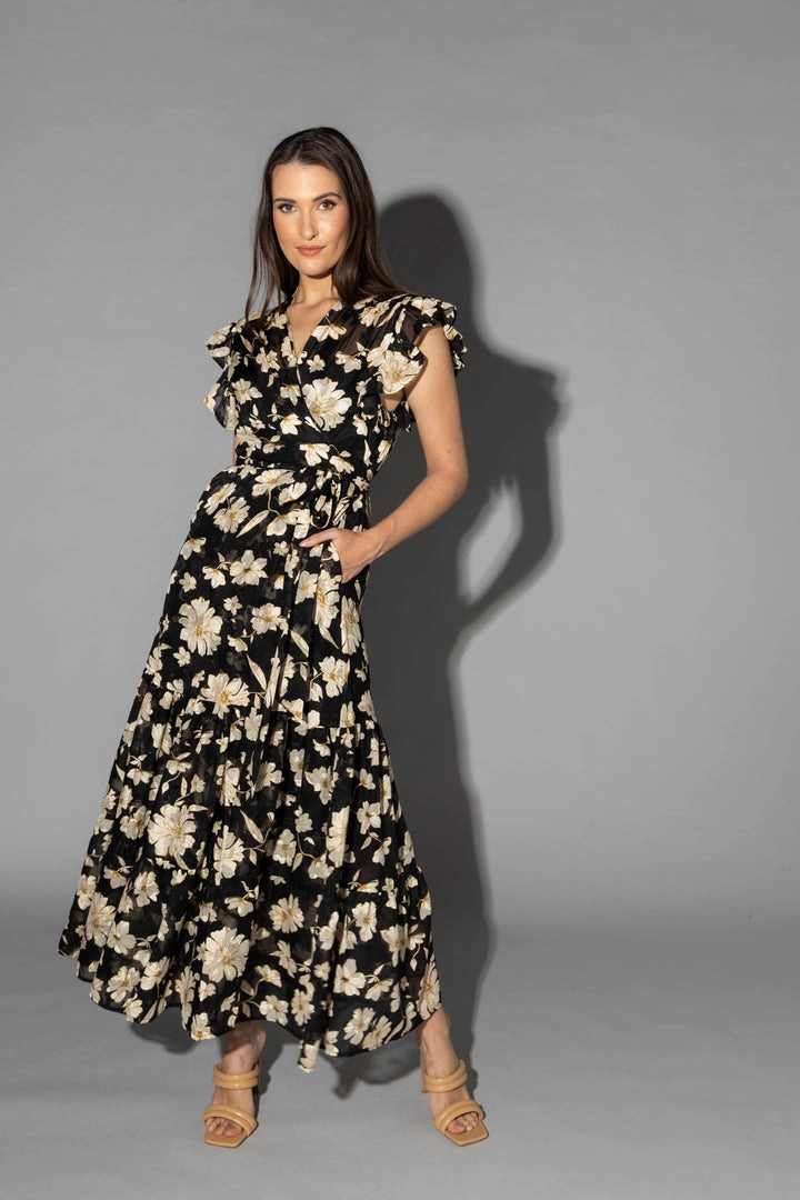 Lou Black Cream Dahlia SS Wrap Midi Dress Lightweight Layer