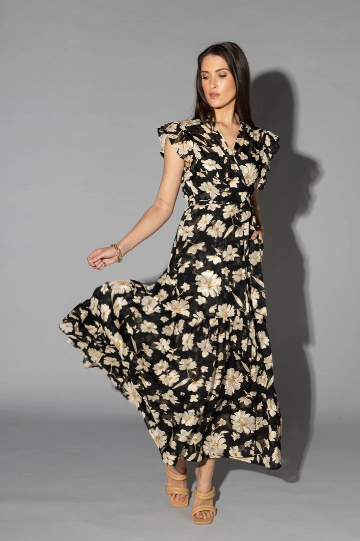 Lou Black Cream Dahlia SS Wrap Midi Dress Feminine Tailoring