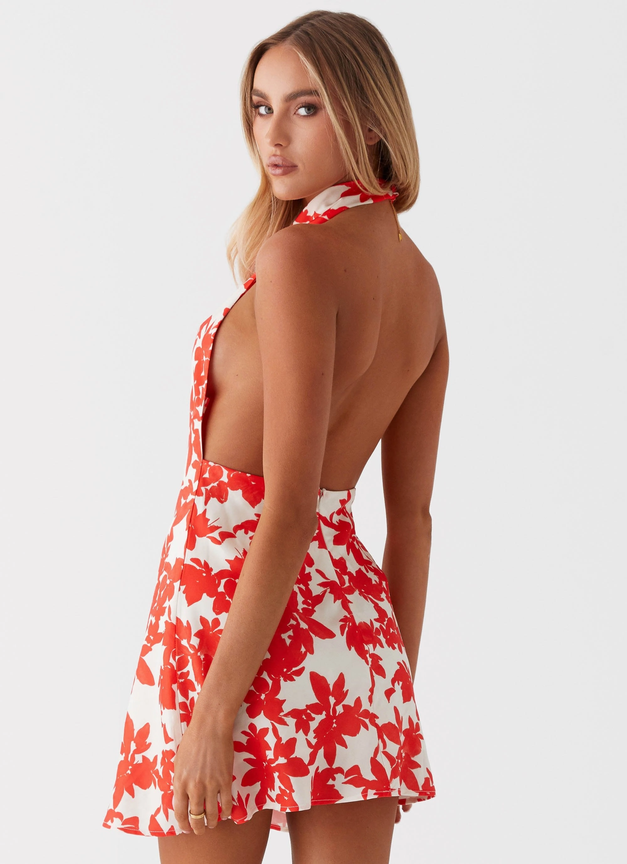 Year Rounder Fall Inspired Carmine Bouquet Cowl Neck Mini Dress - Red Floral