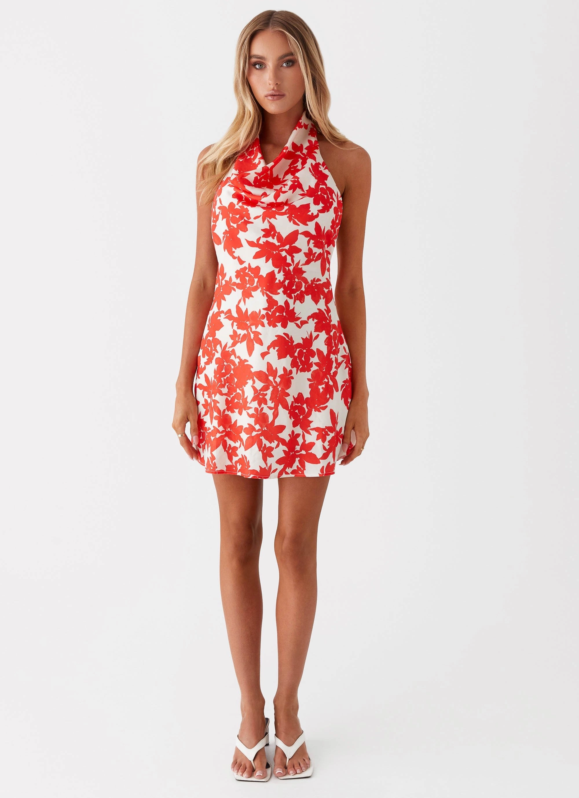 Cool Undertone Soft Finish Carmine Bouquet Cowl Neck Mini Dress - Red Floral