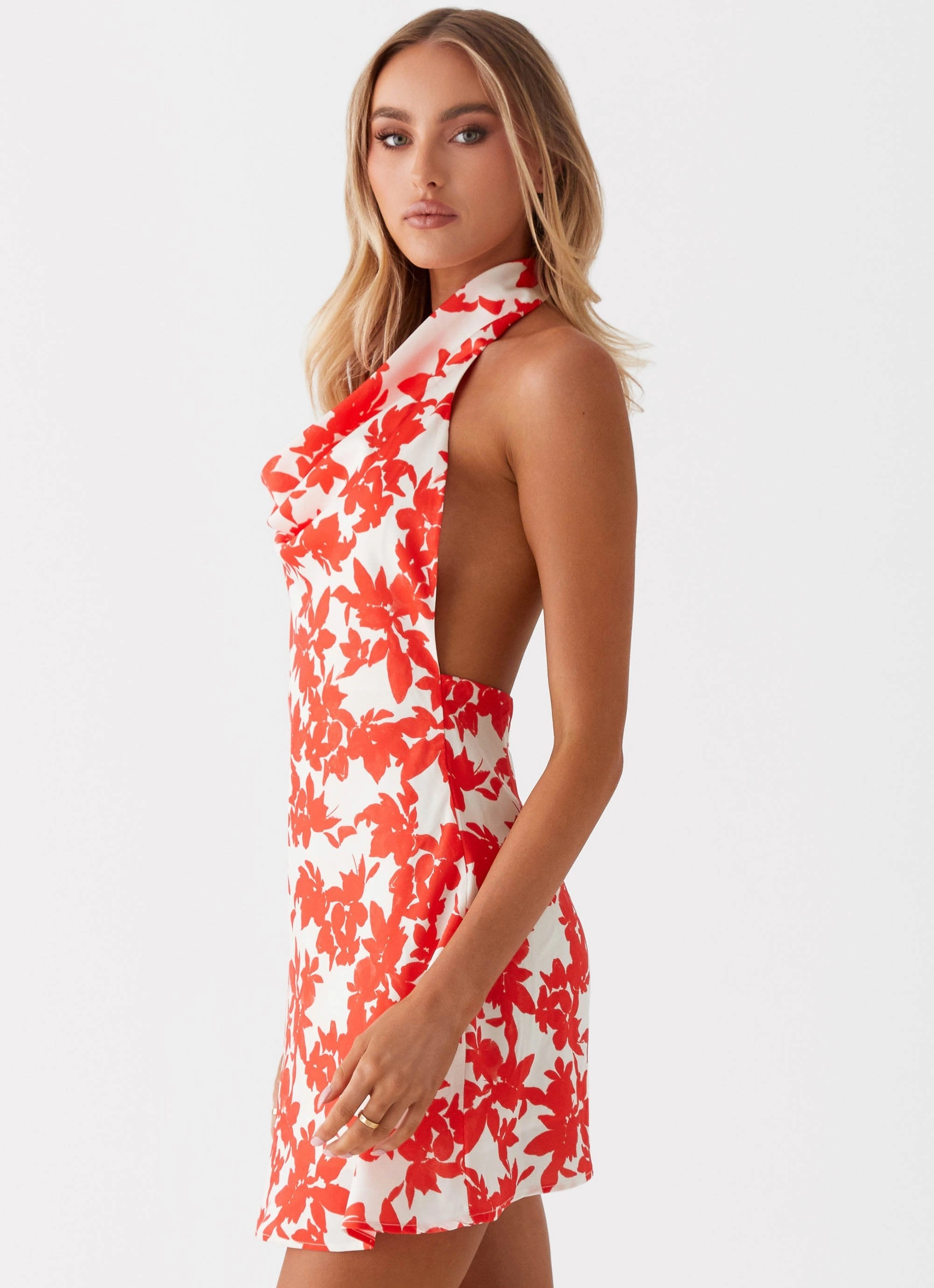Soft and Stylish Carmine Bouquet Cowl Neck Mini Dress - Red Floral