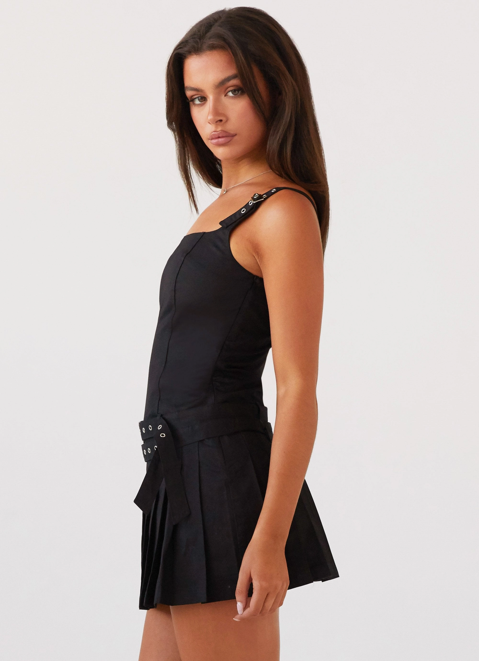 Lynette Buckle Mini Dress - Black Raglan-Sleeve