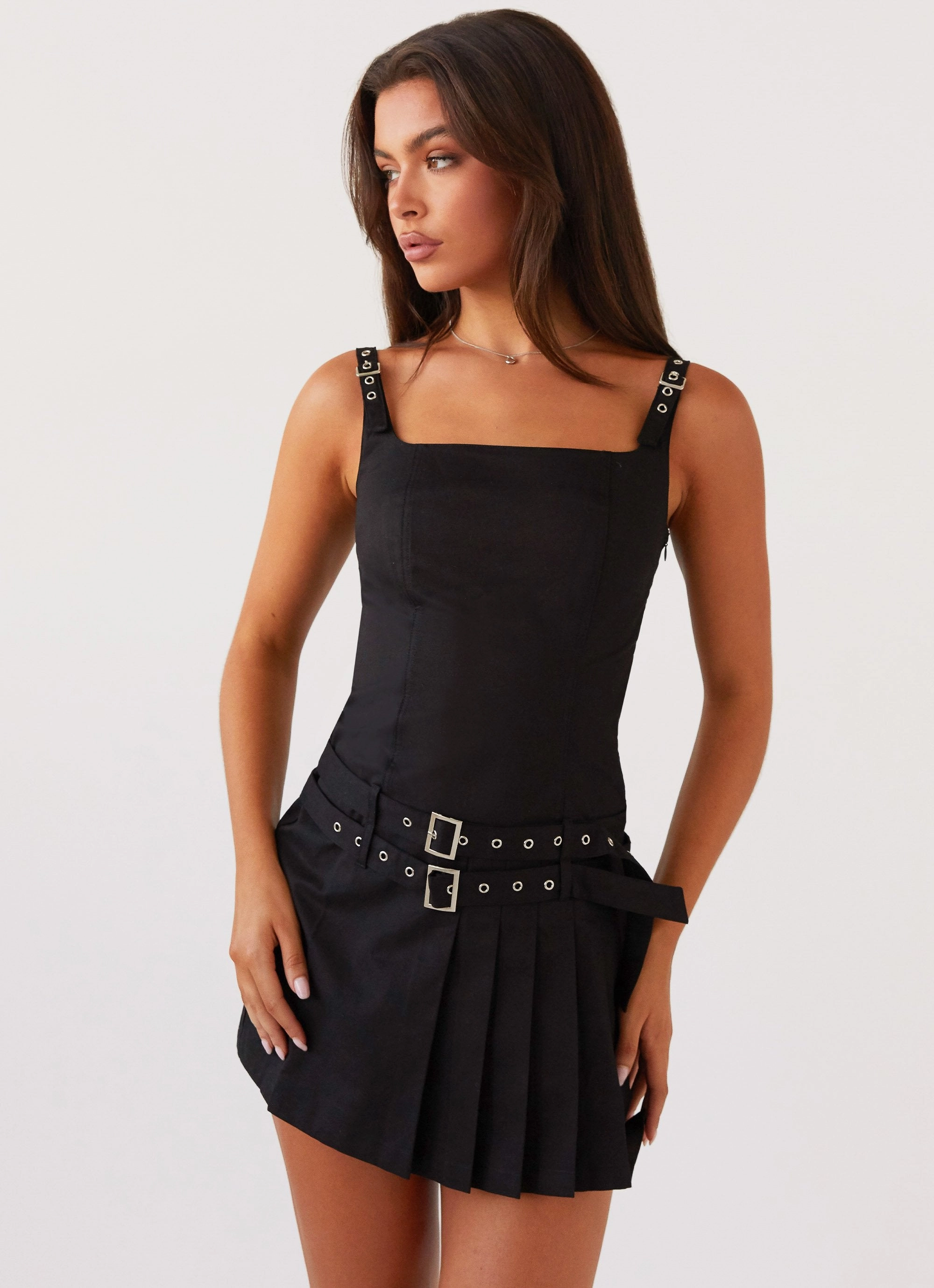 Lynette Buckle Mini Dress - Black All Gender Fit