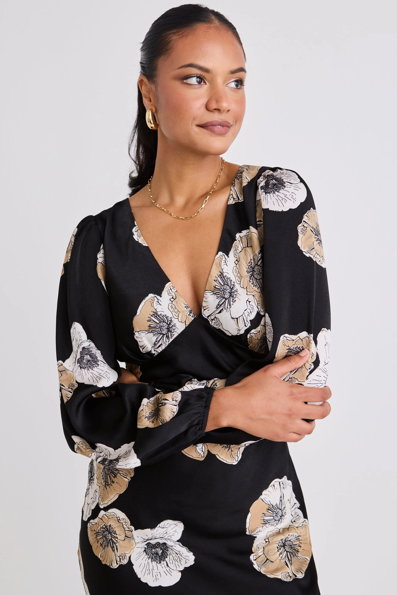 Breeze Flow Phoenix Black Floral Satin LS Bias Midi Dress
