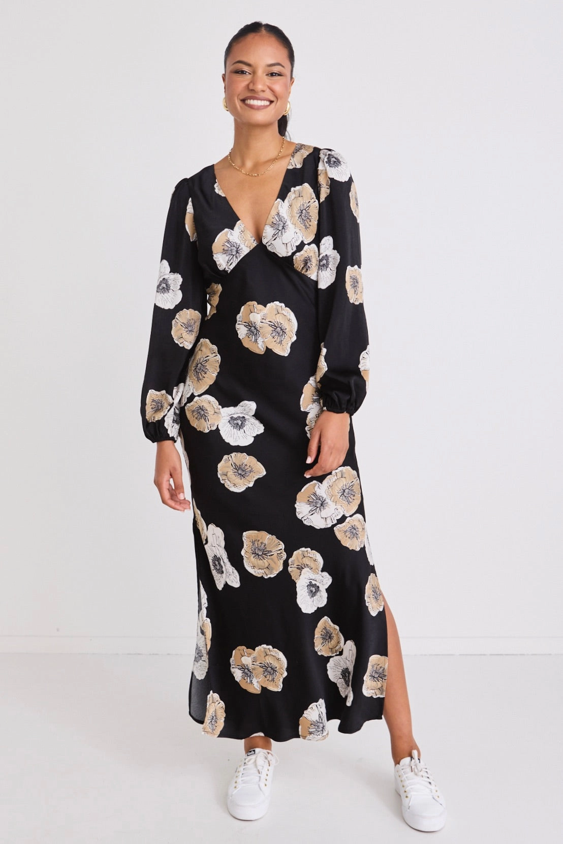 Phoenix Black Floral Satin LS Bias Midi Dress Perfect Layering