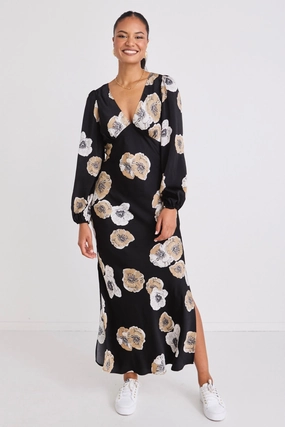 Phoenix Black Floral Satin LS Bias Midi Dress Perfect Layering
