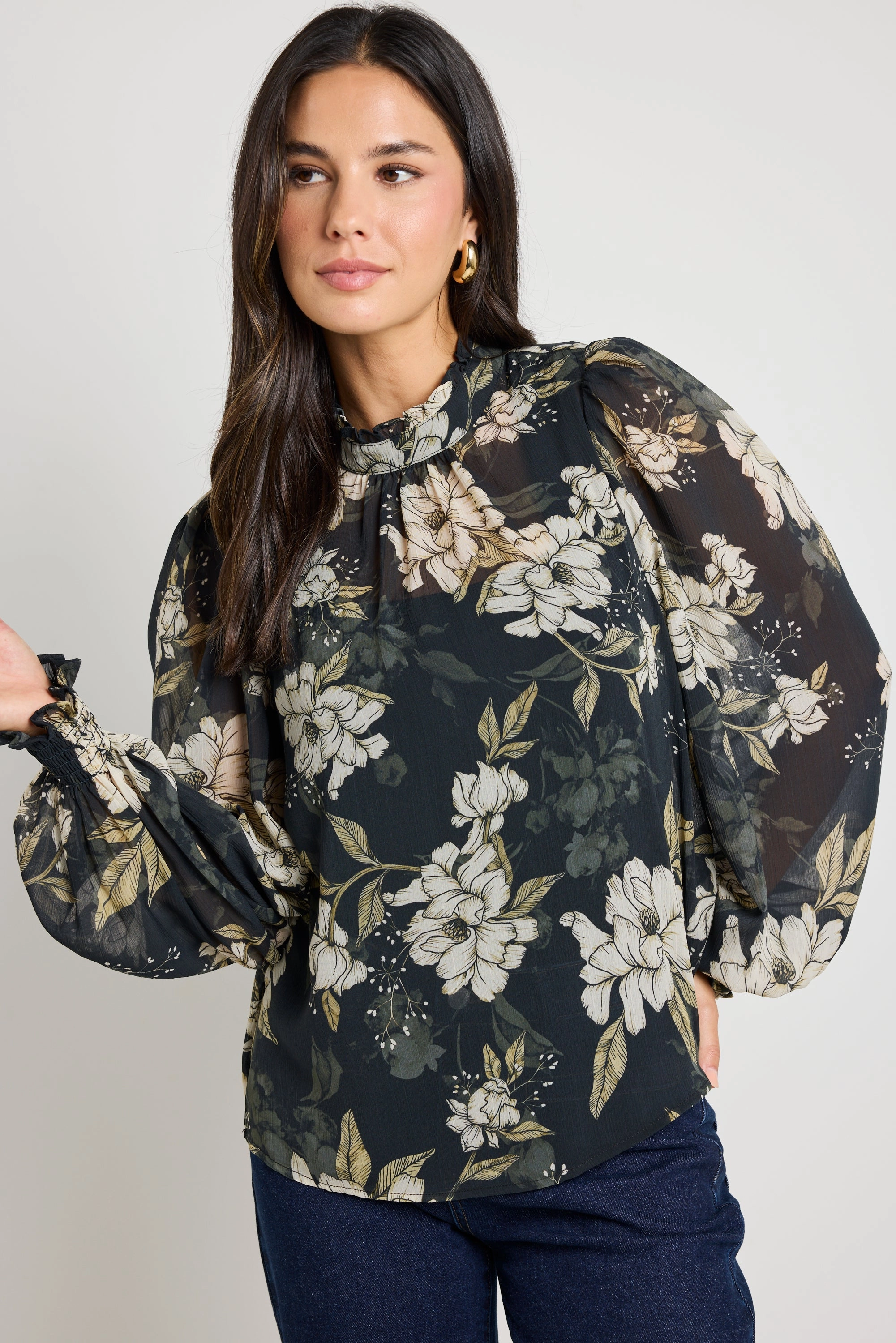 Poet Black Floral Long Sleeve High Neck Top Loose cut Light Fabric