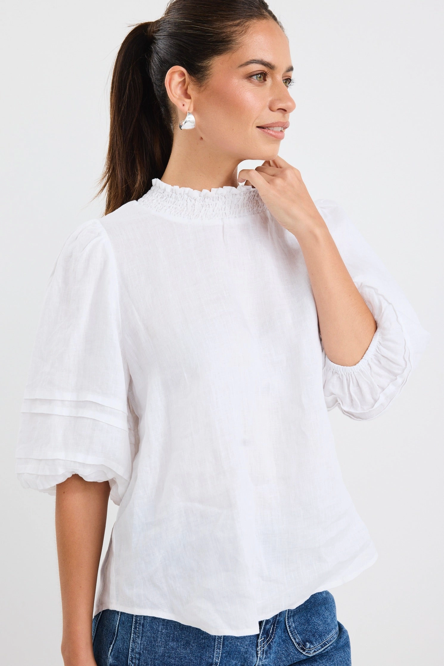 Polished Ivory Linen High Neck Pleat Sleeve Top Compression Fit Engineering Tapered Side Panels