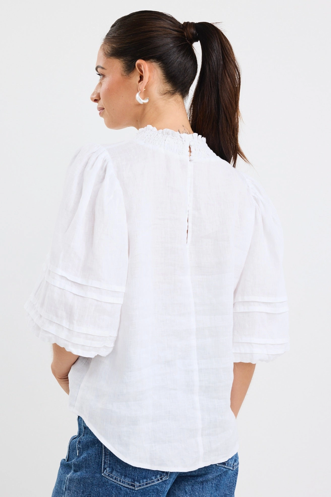 Polished Ivory Linen High Neck Pleat Sleeve Top Fitted Shirt
