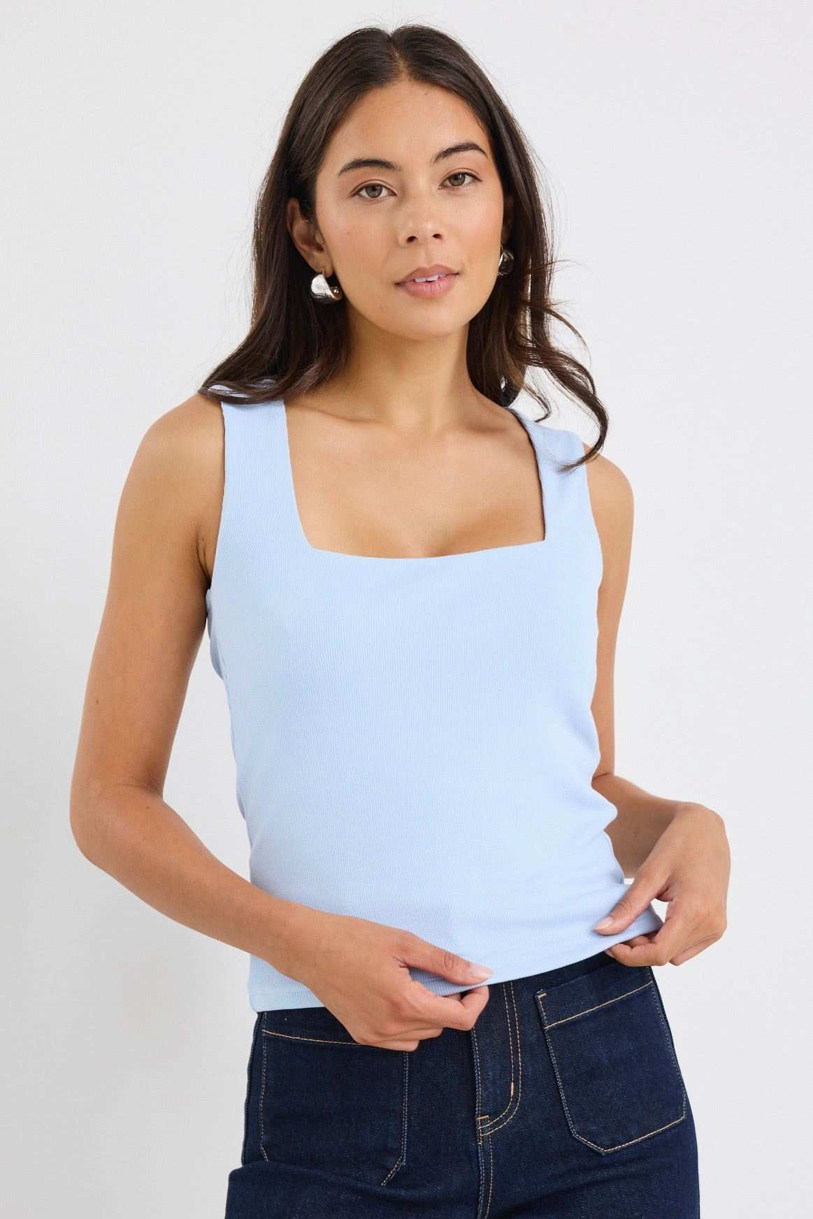 Positive Pale Blue Rib Square Neck Tank Tencel Blend Fabric NonChafing Fabric