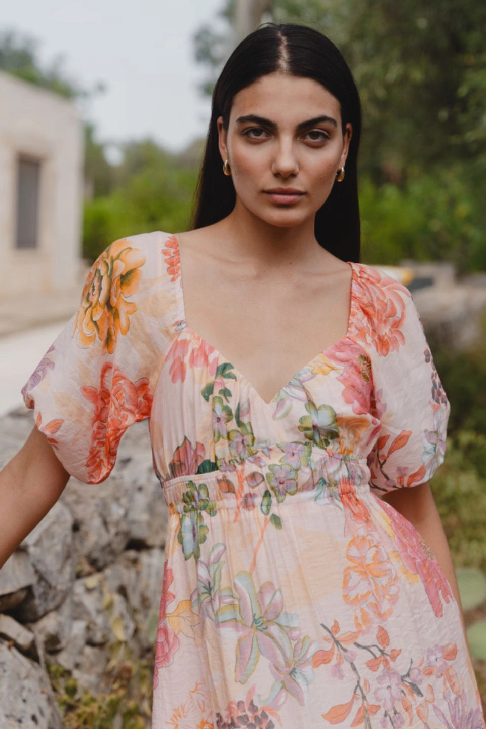 Breezy Style Posy Peach Floral Sweetheart Puff Sleeve Midi Dress