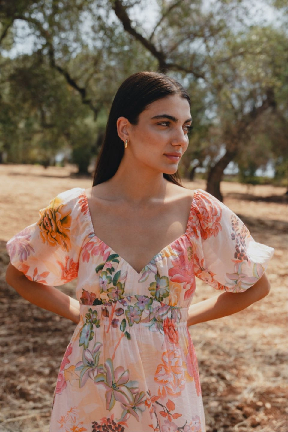 Posy Peach Floral Sweetheart Puff Sleeve Midi Dress Elegant Flow