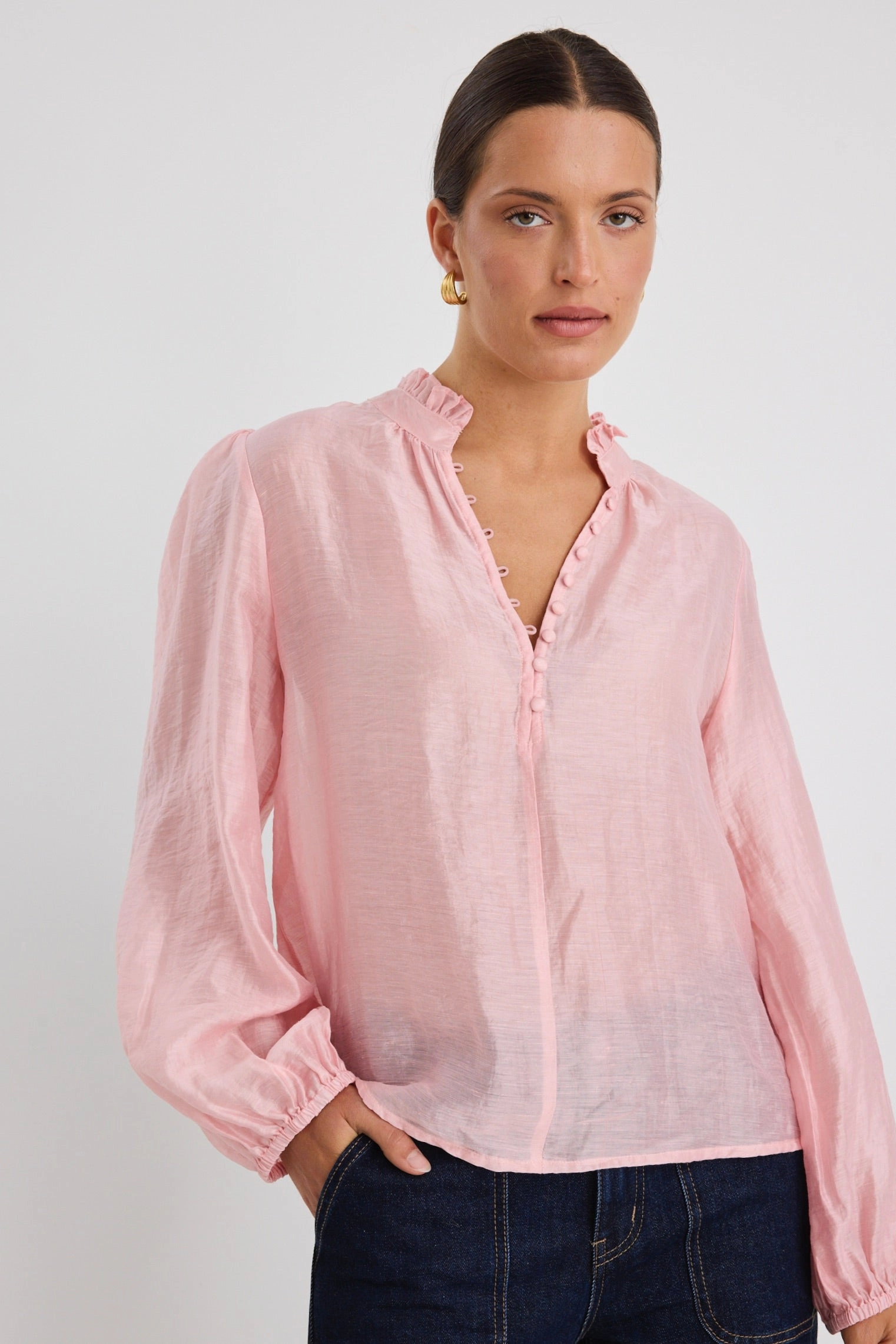 Premise Blush Pink Button Front High Neck Blouse Sporty Top