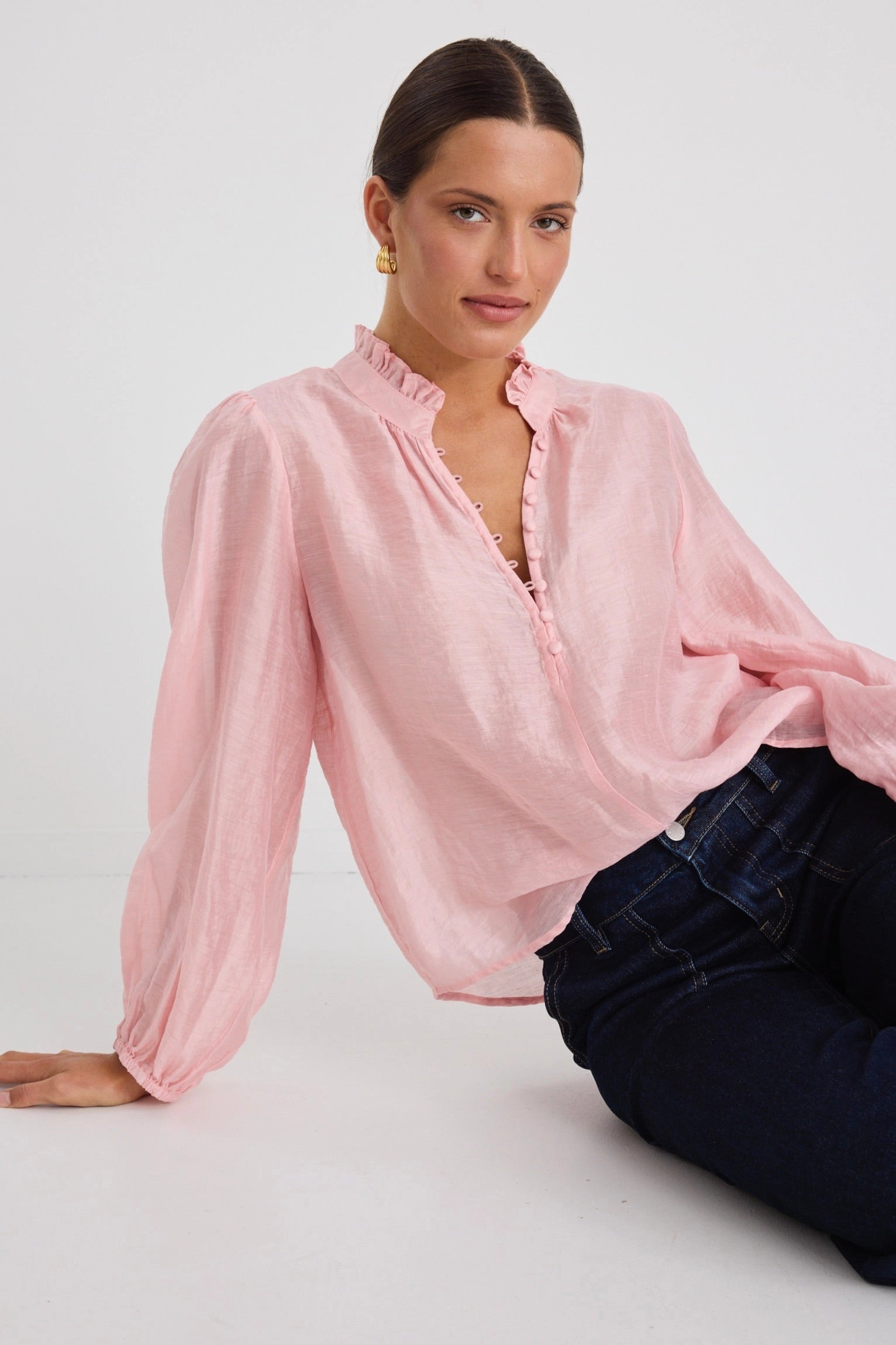 Premise Blush Pink Button Front High Neck Blouse Bamboo Derived Material