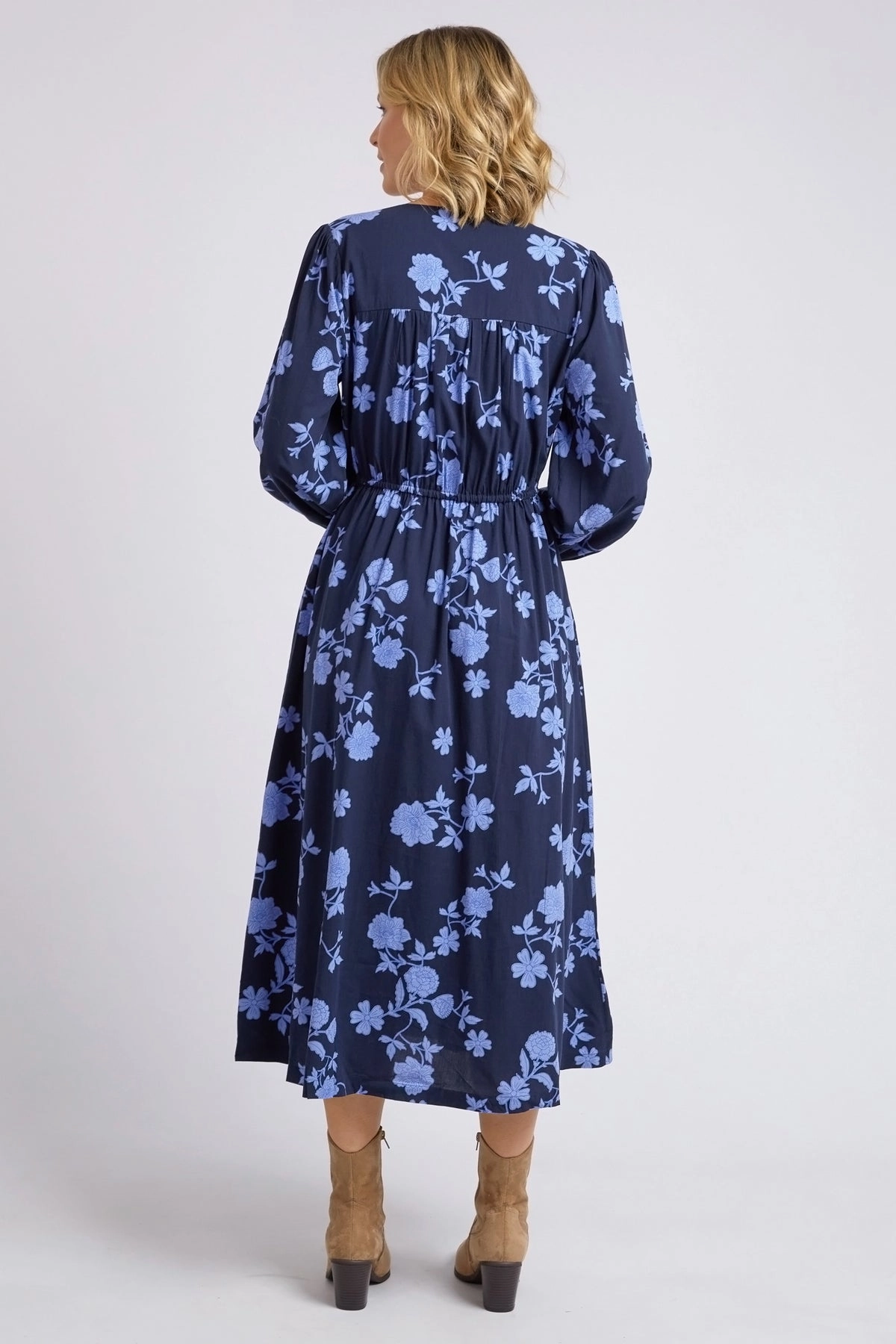 Kacey Navy Floral V Neck Midi Dress Gloss Accent