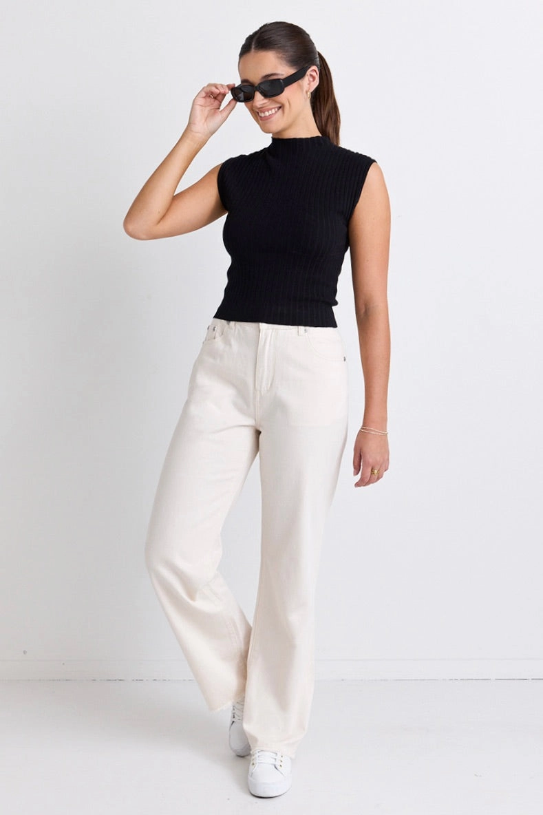 Juniper Ecru High Waist Wide Leg Jean Athletic Flex Wear Fashionable Design