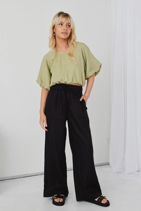Resort Black Linen Wide Leg Elastic Waist Pant Stretch Fit Wear