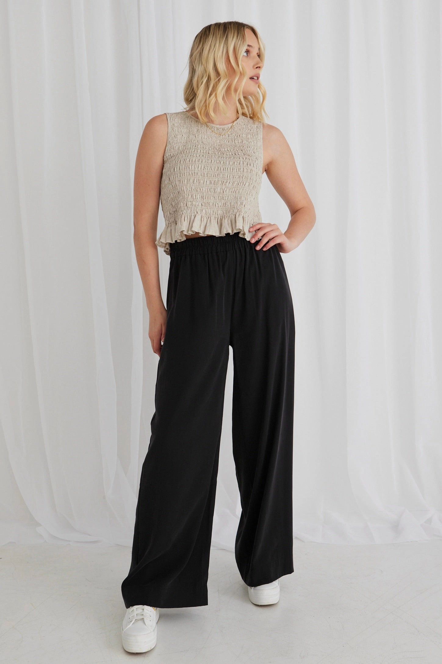 QuickDryTech Resort Black Linen Wide Leg Elastic Waist Pant