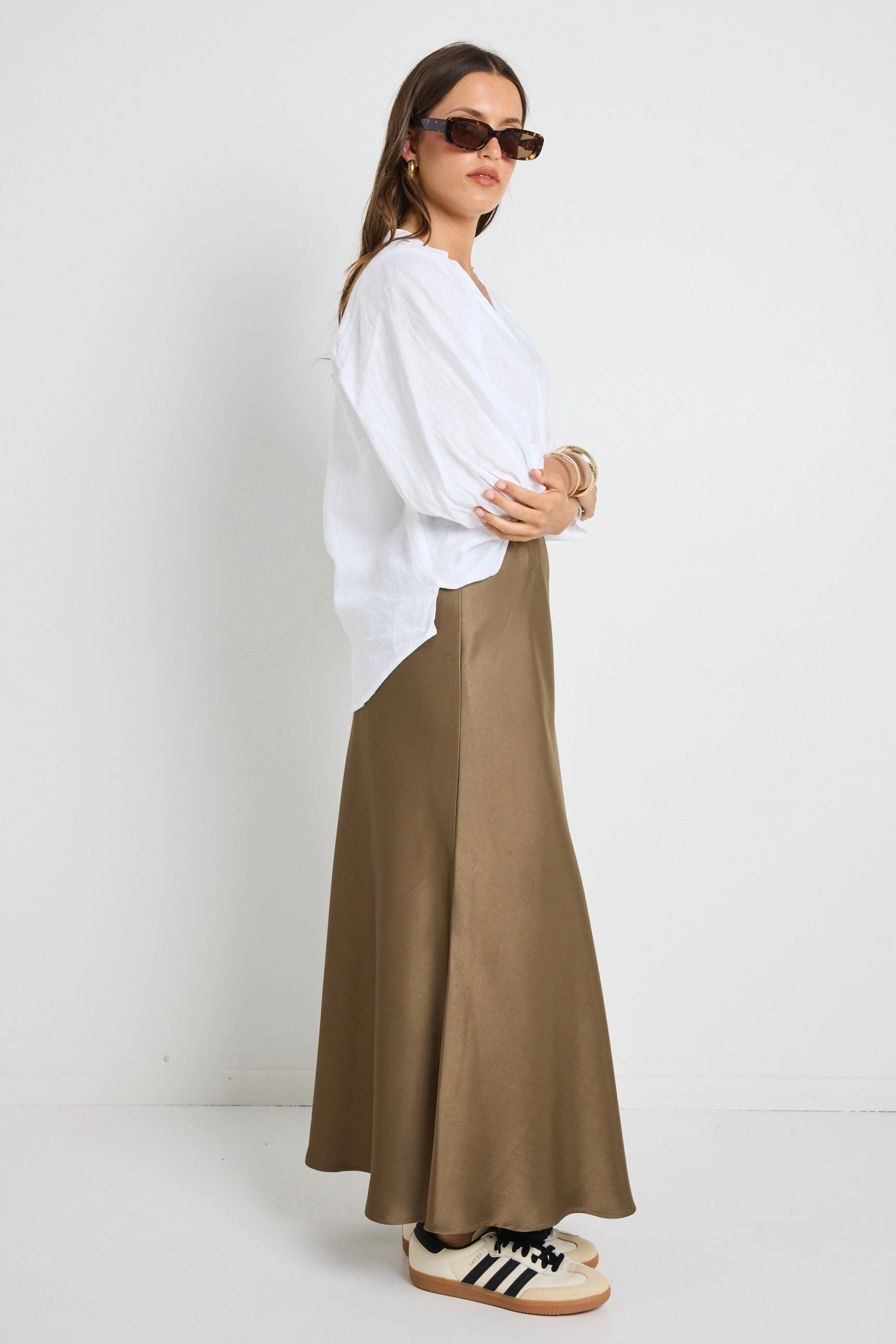 Preserve Bronze Floaty Satin Bias Maxi Skirt City Ready