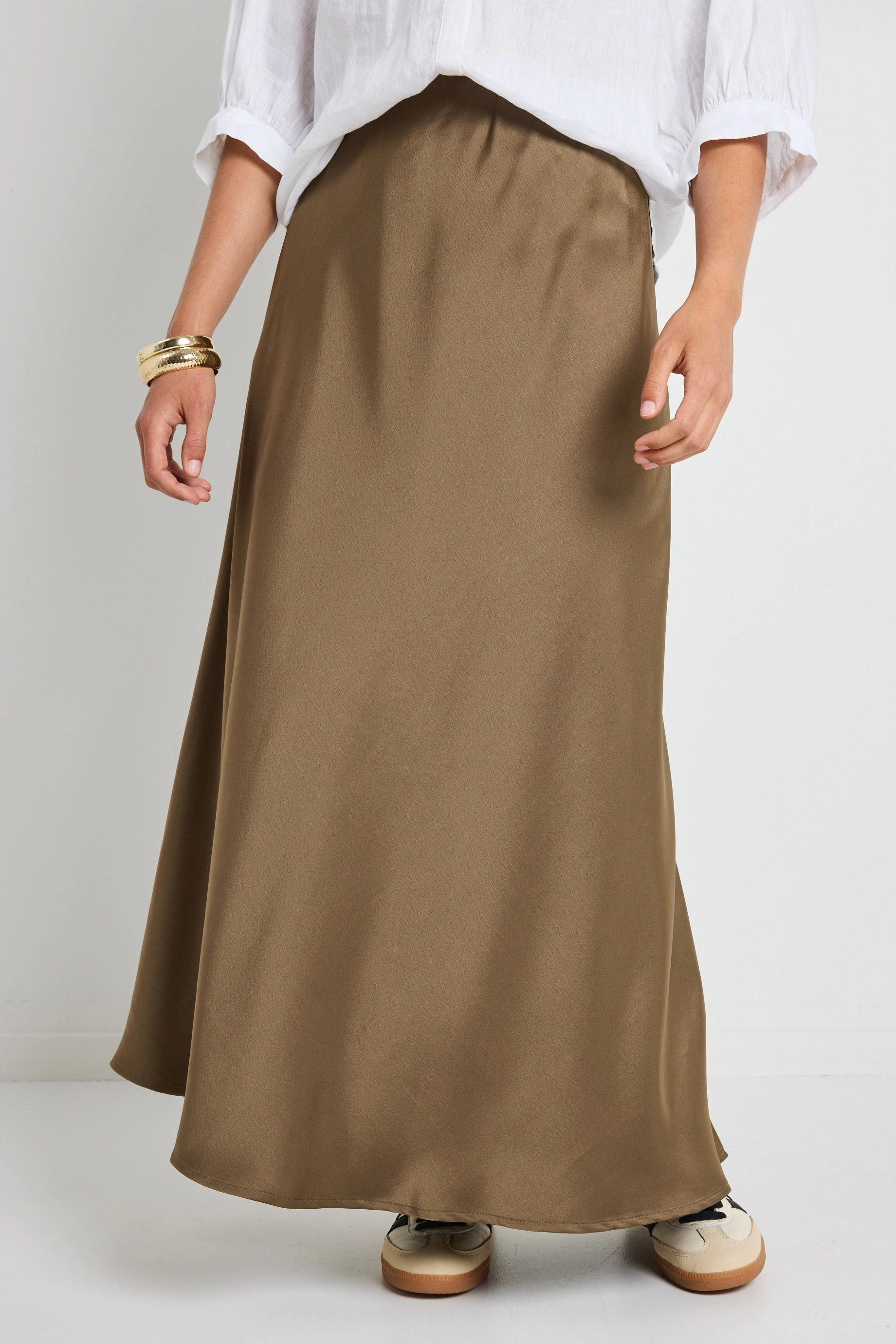 Airy Look Hand Painted Preserve Bronze Floaty Satin Bias Maxi Skirt