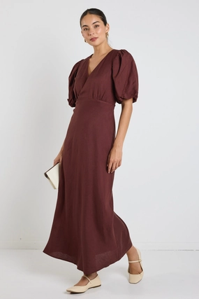 Wedding-Guest Preview Chocolate Puff Sleeve V Neck Bias Midi Dress