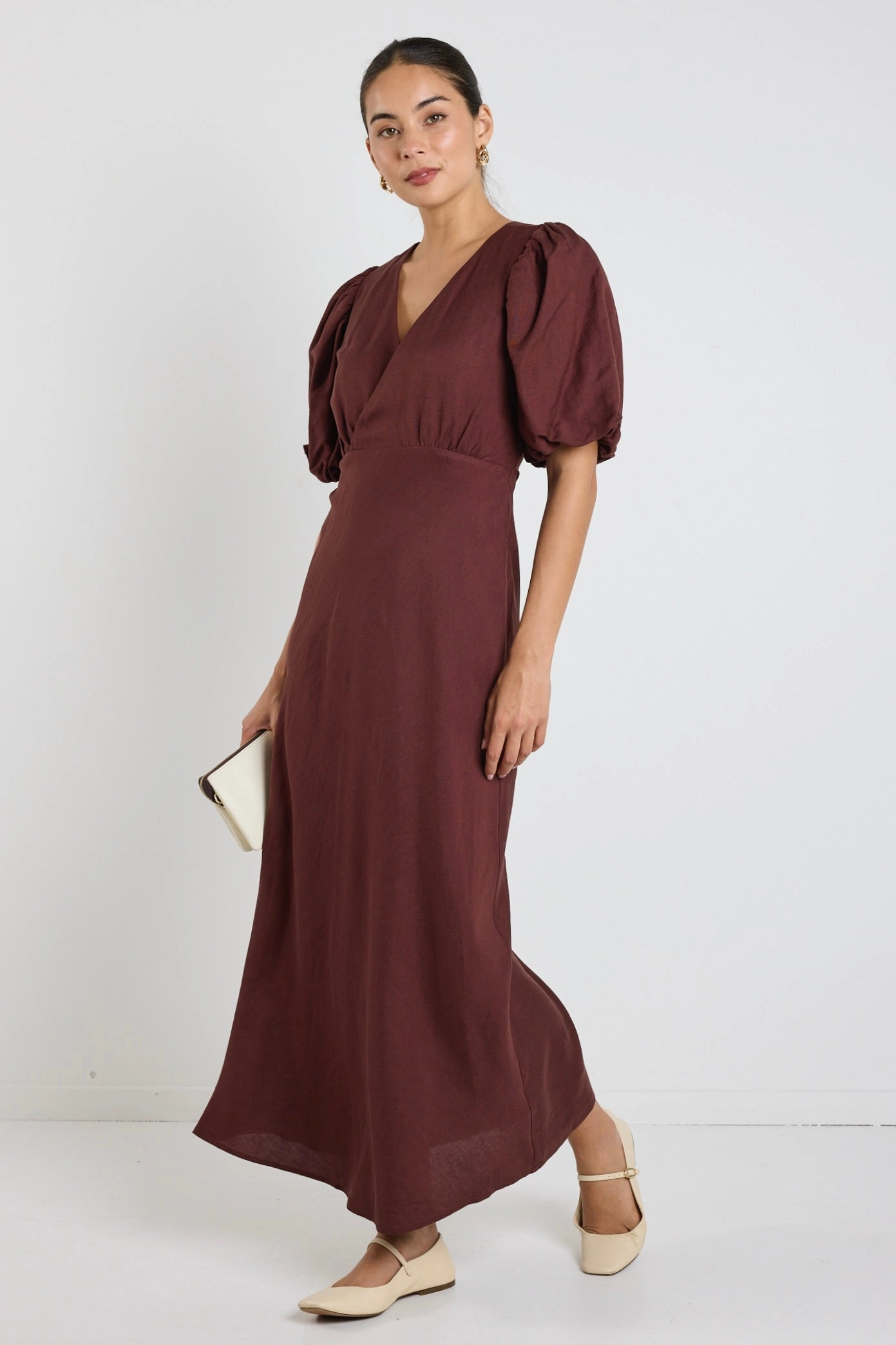 Wedding-Guest Preview Chocolate Puff Sleeve V Neck Bias Midi Dress